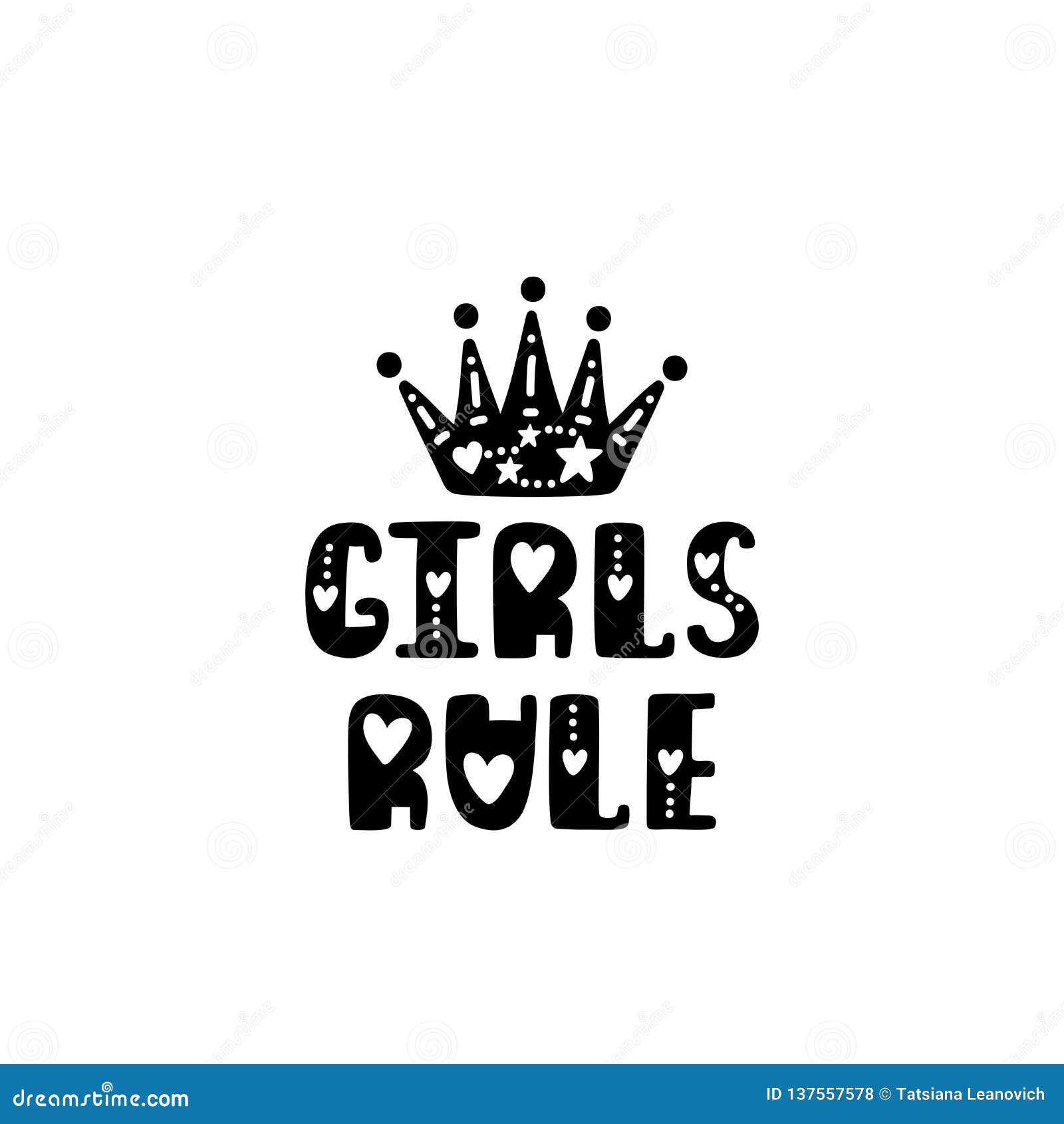 girls rule. hand drawn nursery print with crown. black and white poster