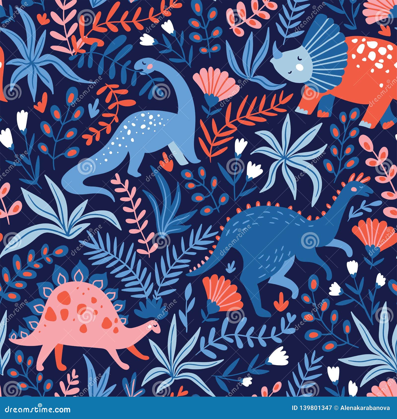 hand drawn seamless pattern with dinosaurs and tropical leaves and flowers. perfect for kids fabric, textile, nursery wallpaper.