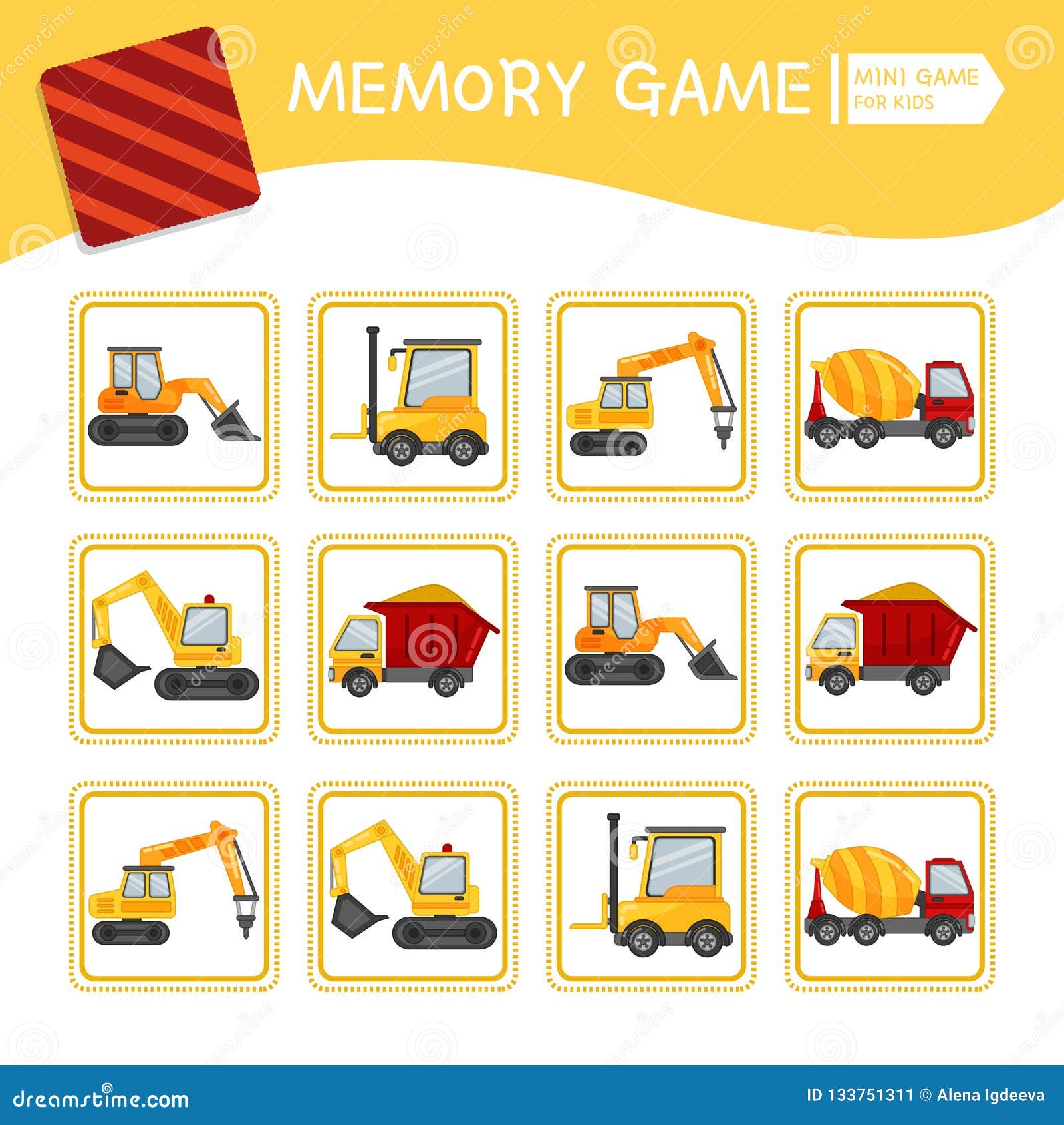 Memory Game for Preschool Children, Vector Cards with Cartoon