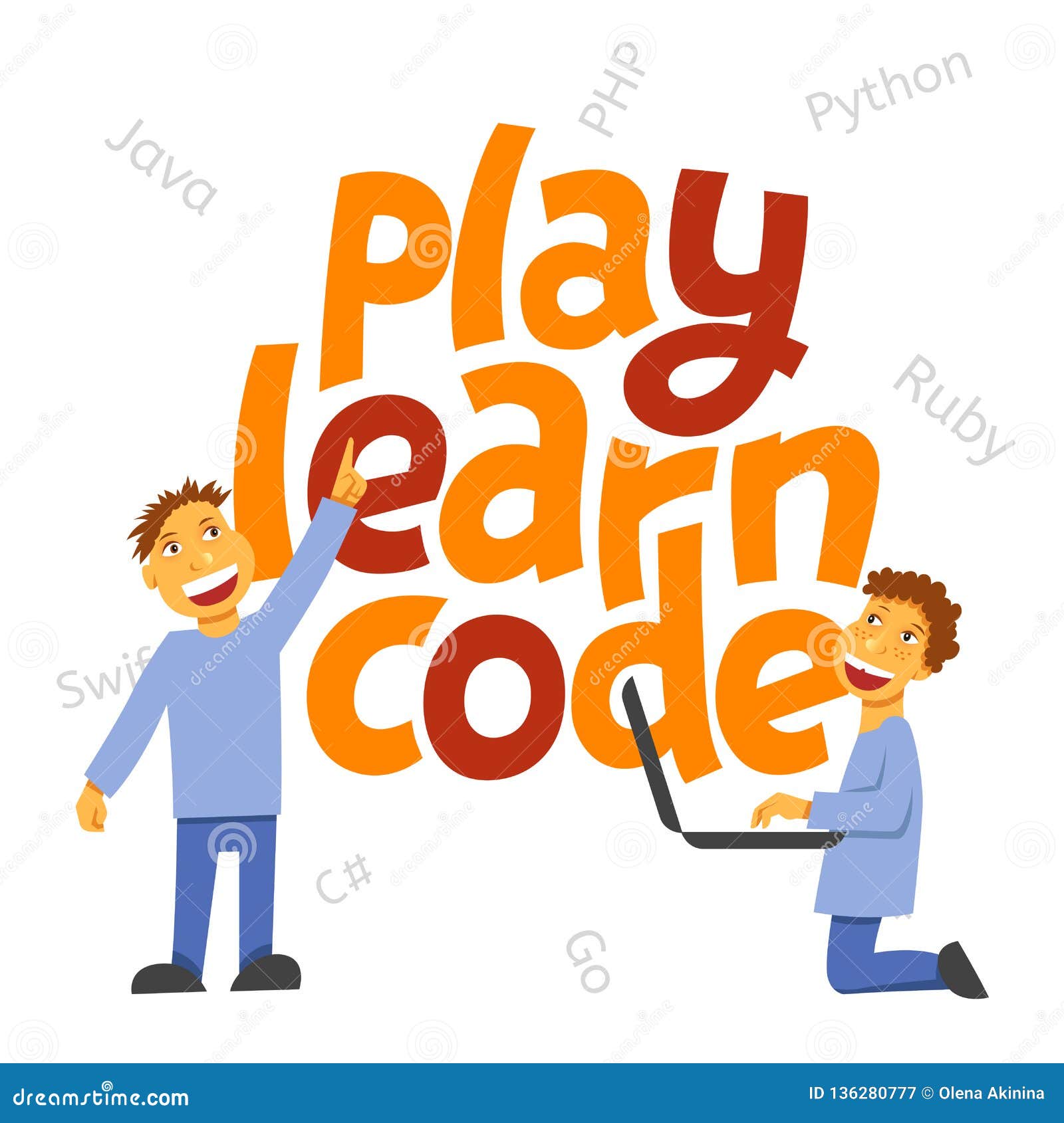Illustration with the words 'Play, Learn, Code' for children's coding theme.