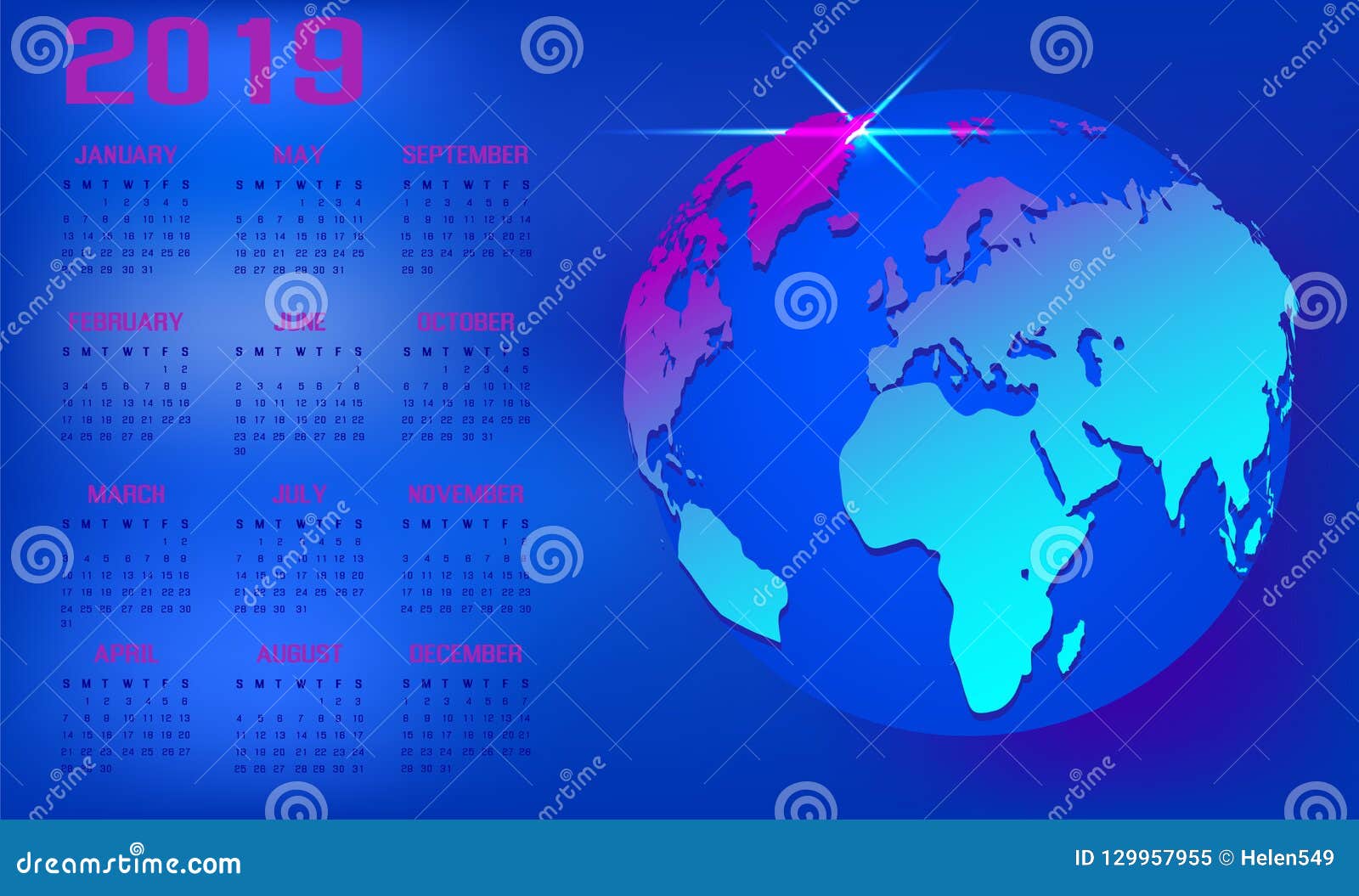 Print World Map Calendar 2019 Map Month Abstract Stock Vector