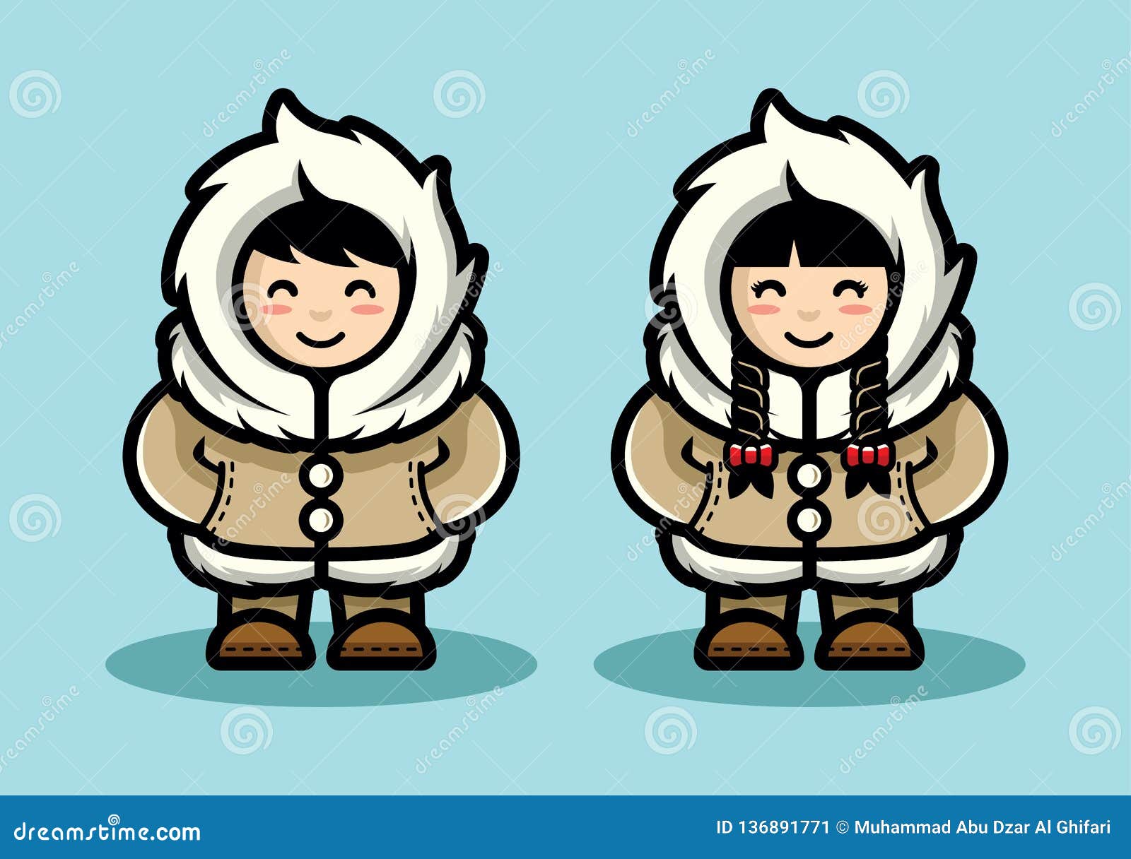 young eskimo cute couple character  in cartoon style. arctic people living in north pole flat 