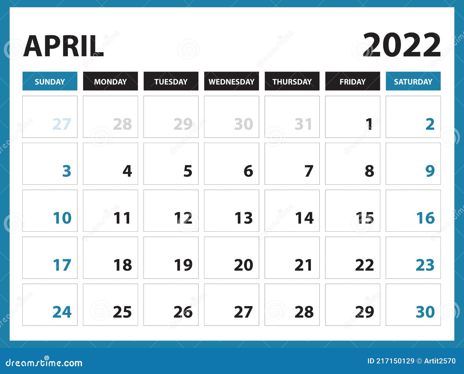 April 2022 Calendar Printable, Calendar 2022, Planner Design, Desk Calendar Template, Wall Calendar, Organizer Office, Simple Stock Vector - Illustration Of 2021, January: 217150129