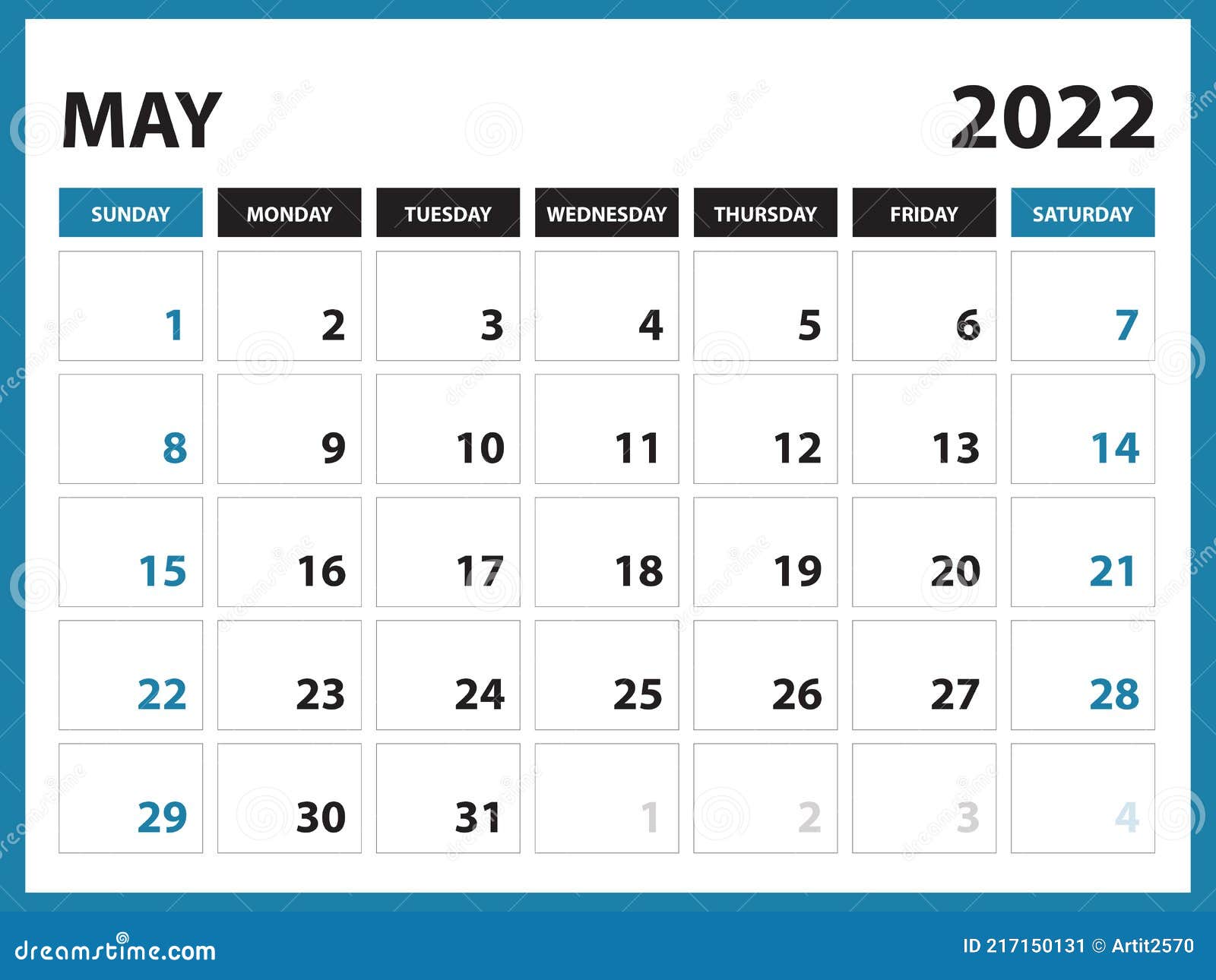 May 2022 Calendar Template May 2022 Calendar Printable, Calendar 2022, Planner Design, Desk Calendar  Template, Wall Calendar, Organizer Office, Simple Stock Vector -  Illustration Of Advertisement, Desk: 217150131