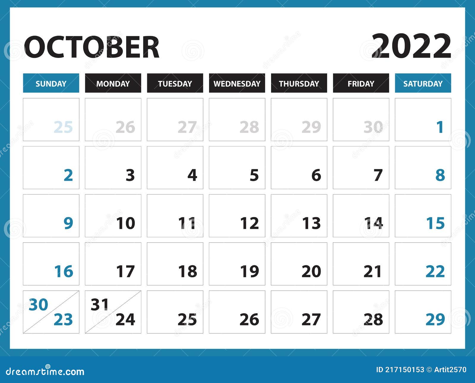 October 2022 Calendar Printable, Calendar 2022, Planner Design, Desk Calendar Template, Wall Calendar, Organizer Office, Simple Stock Vector - Illustration Of Design, Graphic: 217150153