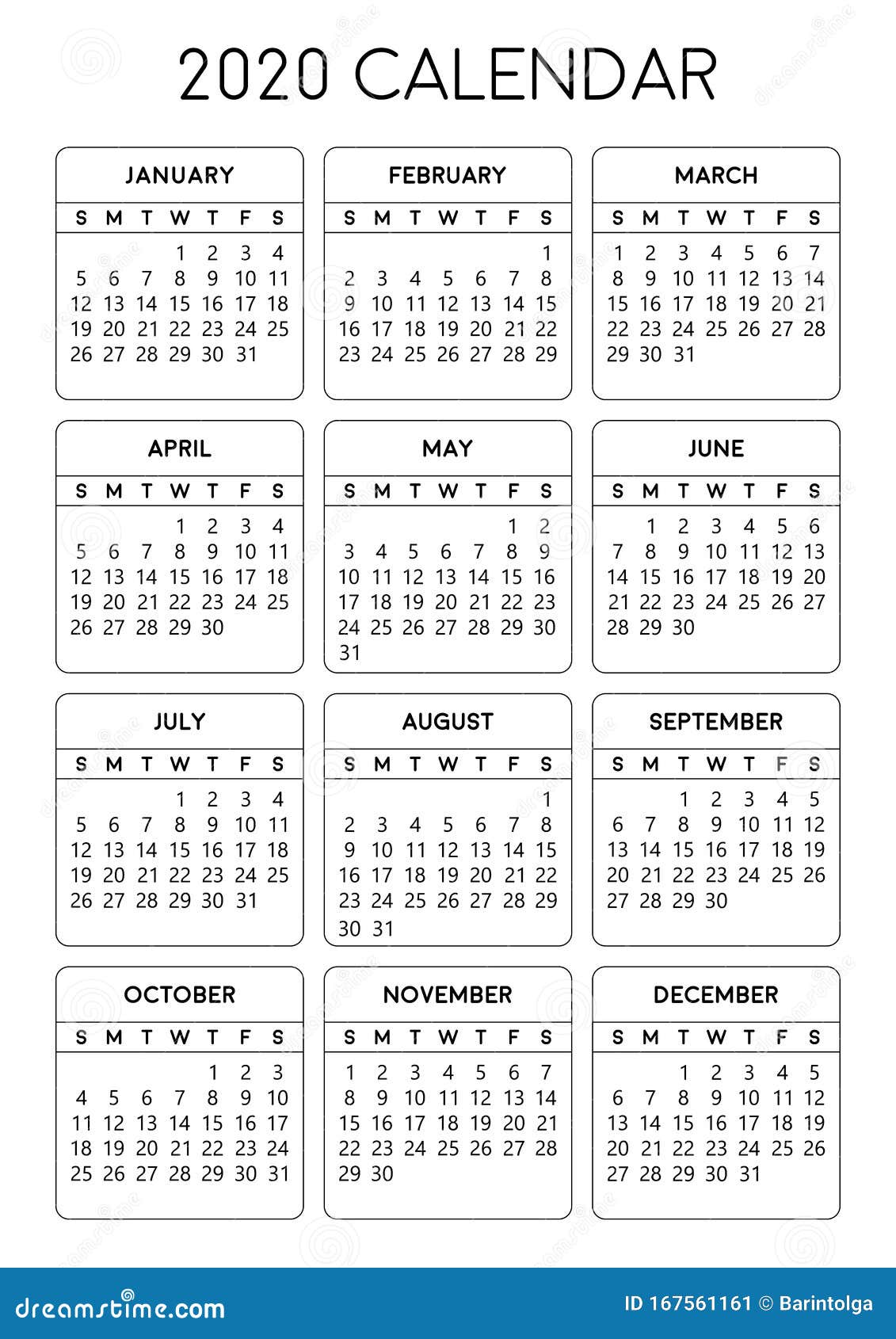 Printable 2020 A4 Size Calendar 2020. Stock Vector of printable, 167561161