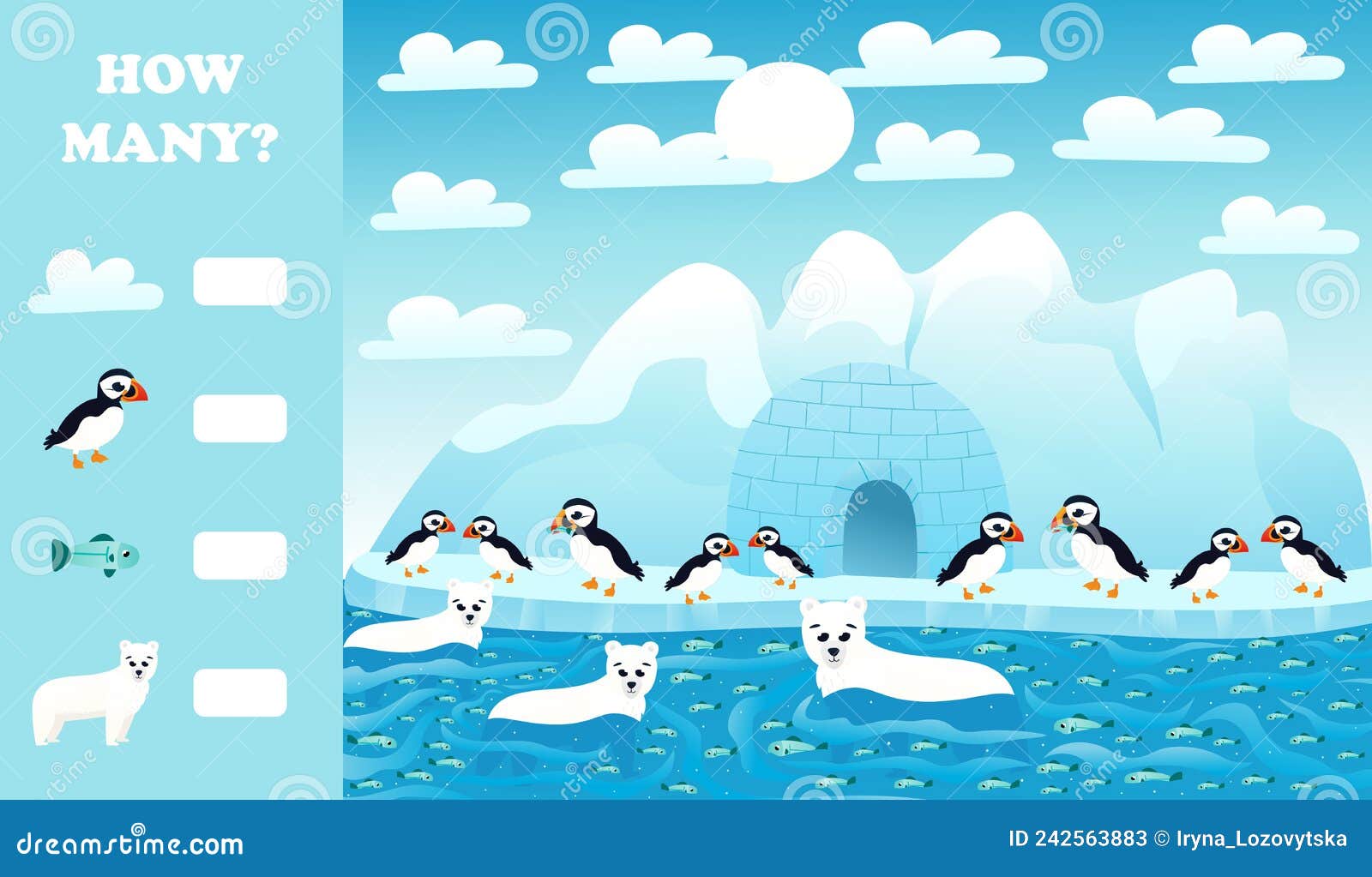 Printable Educational Worksheet for Kids with How Many Puzzle, Arctic  Animals Wildlife with Polar Bears, Puffins Stock Vector - Illustration of  graphic, logic: 242563883