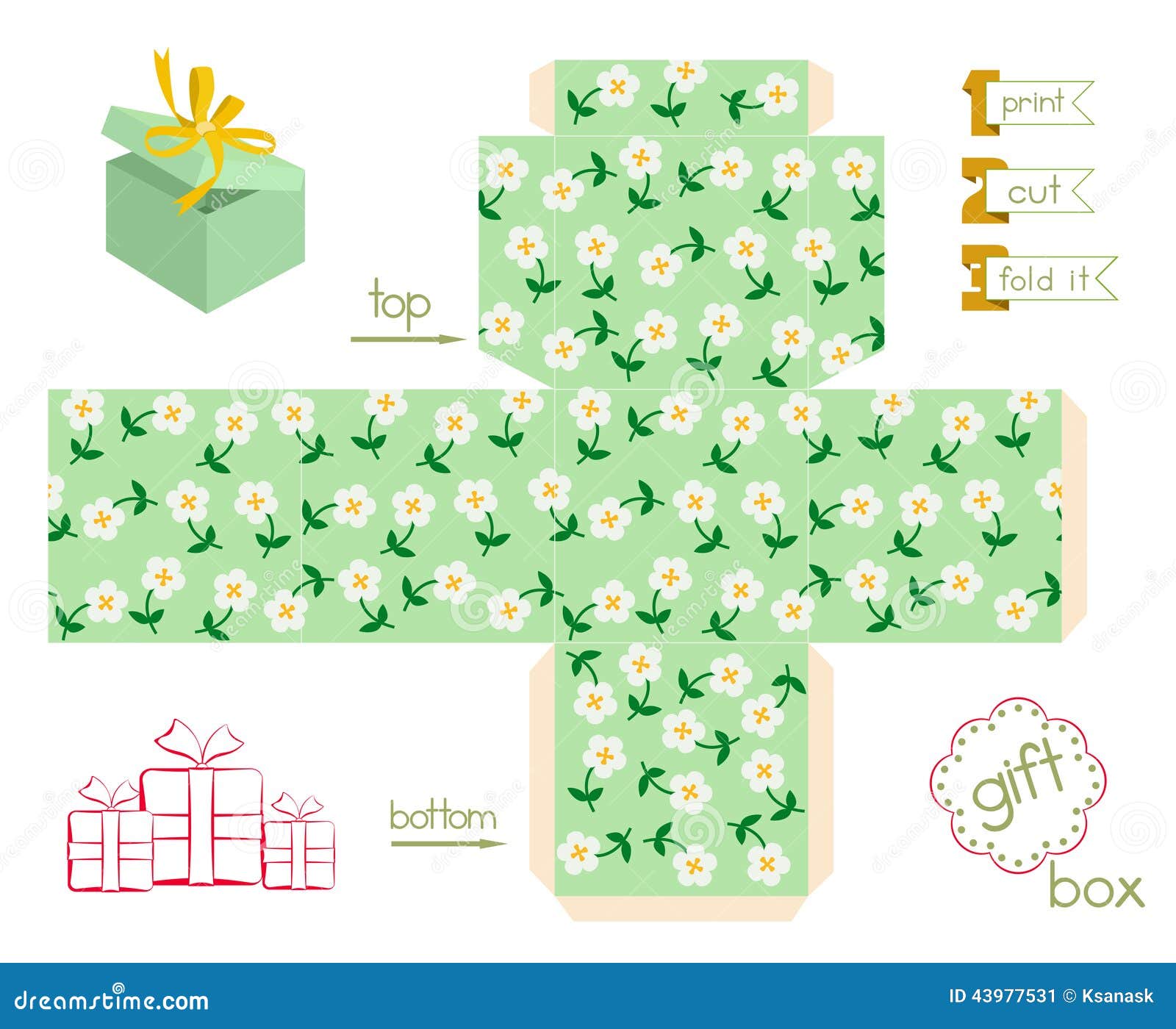 Printable Gift Box With Cute Flowers Stock Vector Image 43977531 pin-on-diy