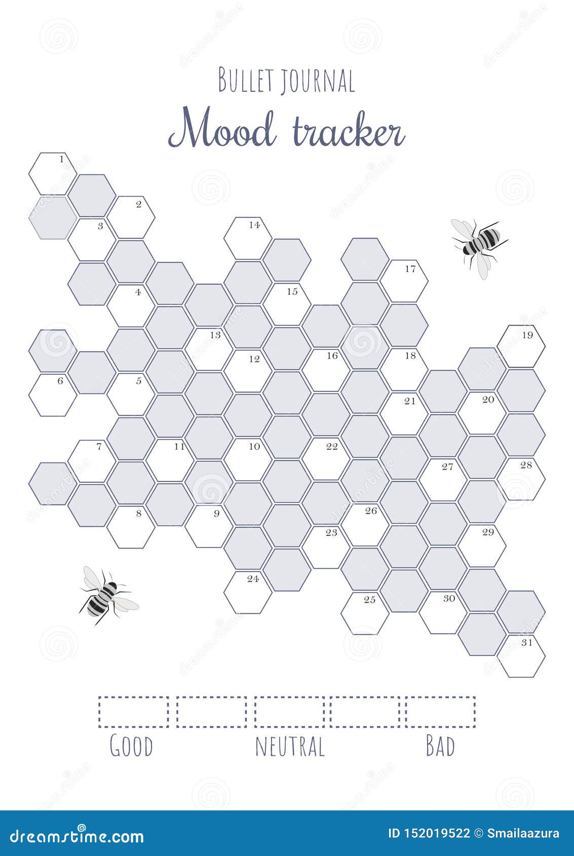 printable mood tracker with uncolored and numbered honeycombs. bullet journal ready to print page template.