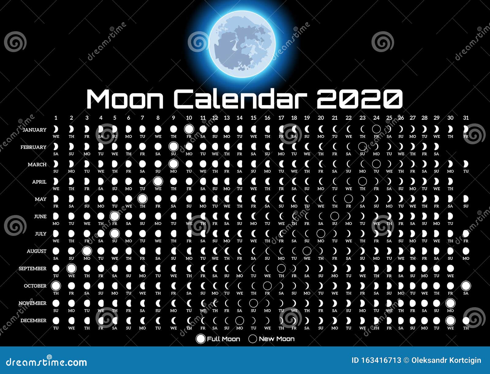 Printable Template with Lunar Calendar and Colored Moon Stock