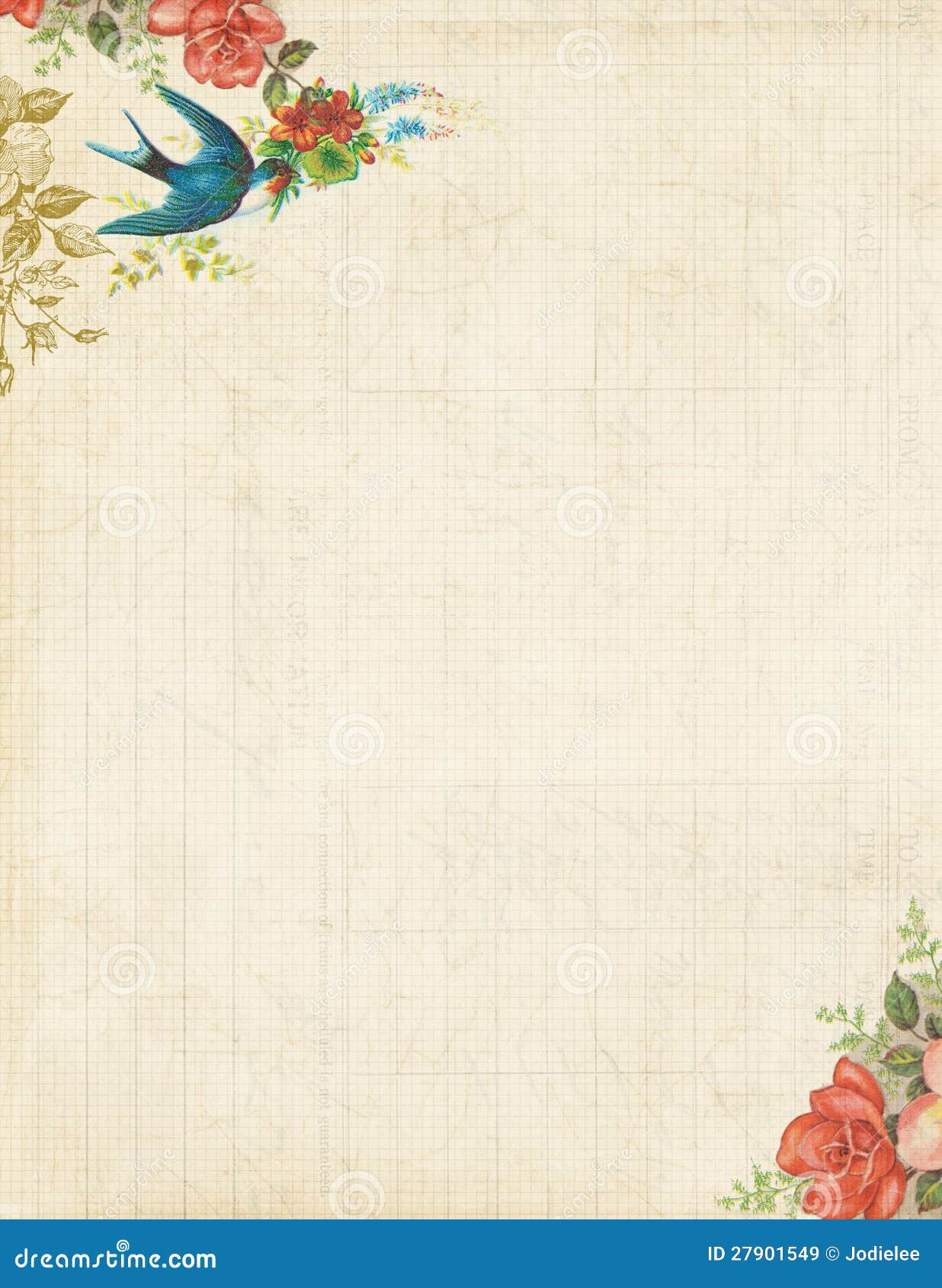 printable vintage bird and roses stationary or background