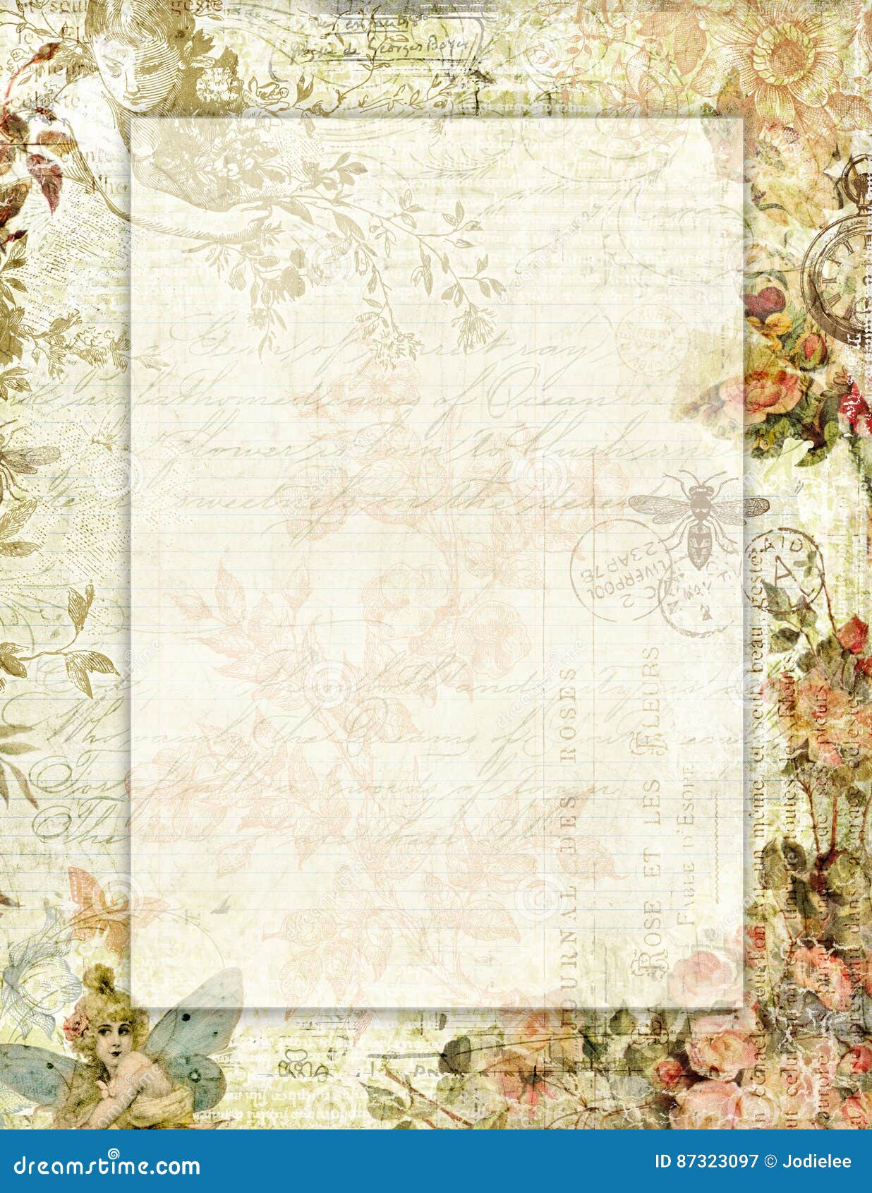 printable vintage shabby chic style floral stationary with butterflies