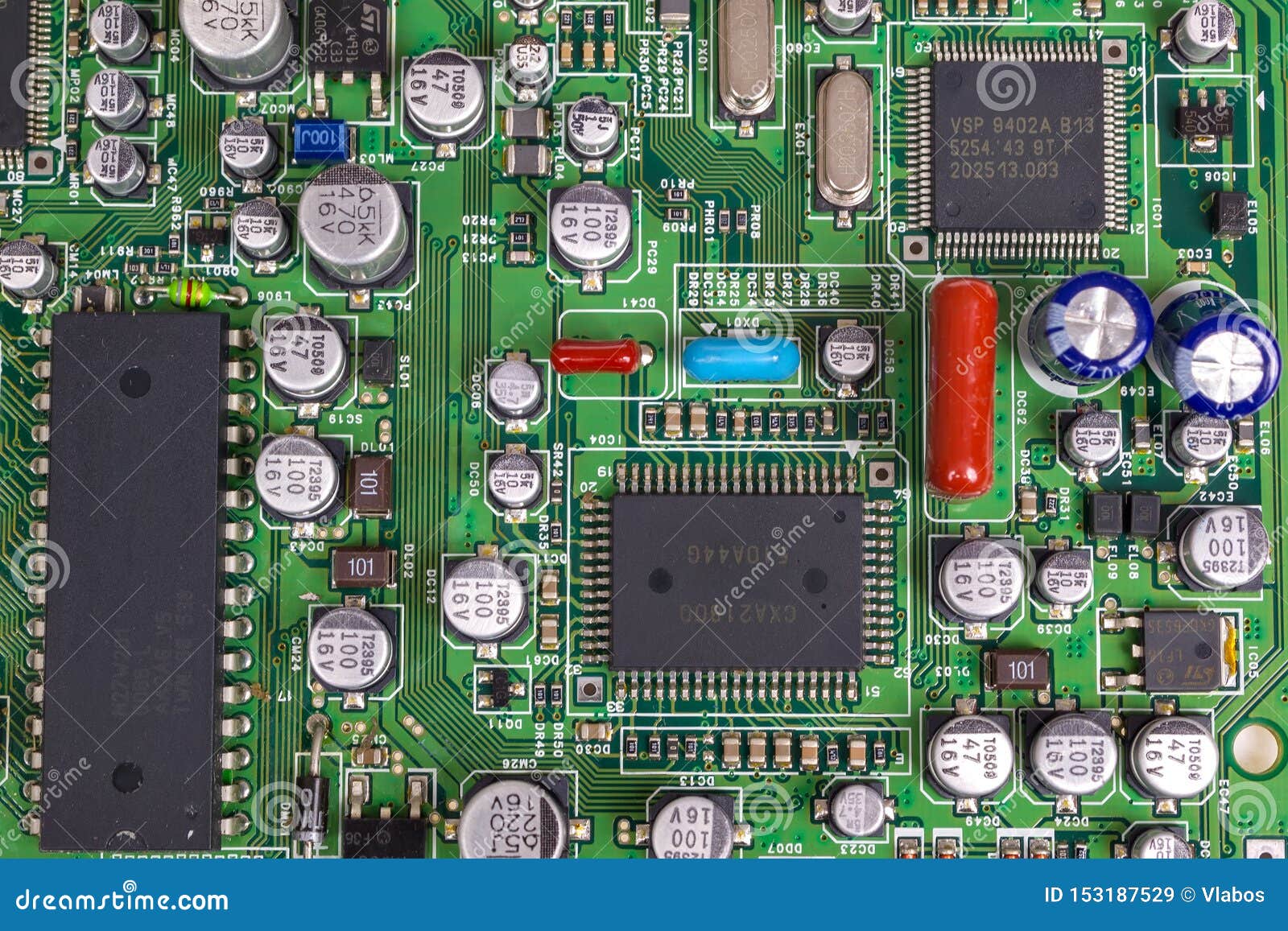 Printed Circuit Board with Chips and Radio Components Electronics Stock