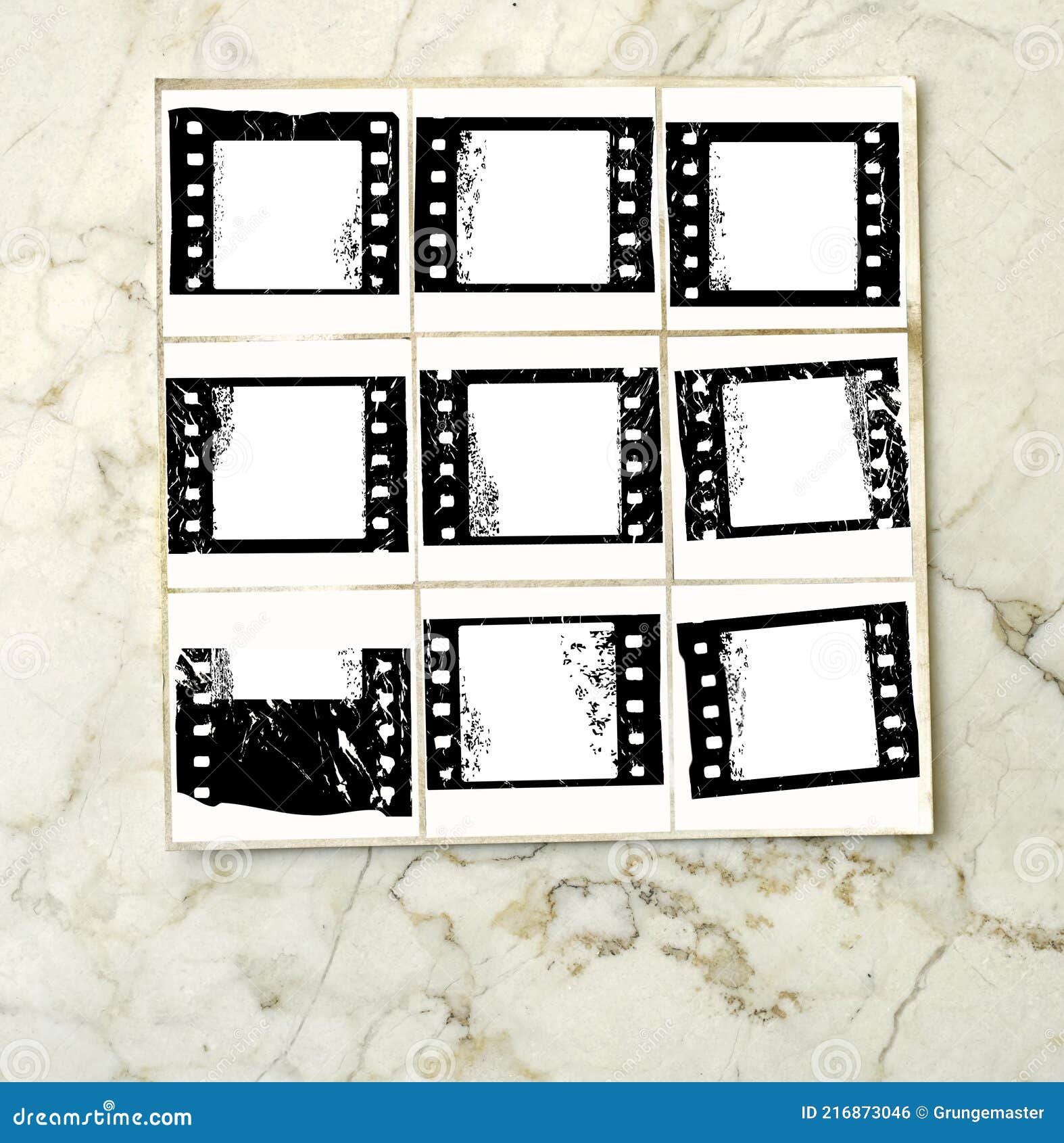 printed contact sheet with empty camera film photo frames, free copy space, free copy space, mock up,template, grungy