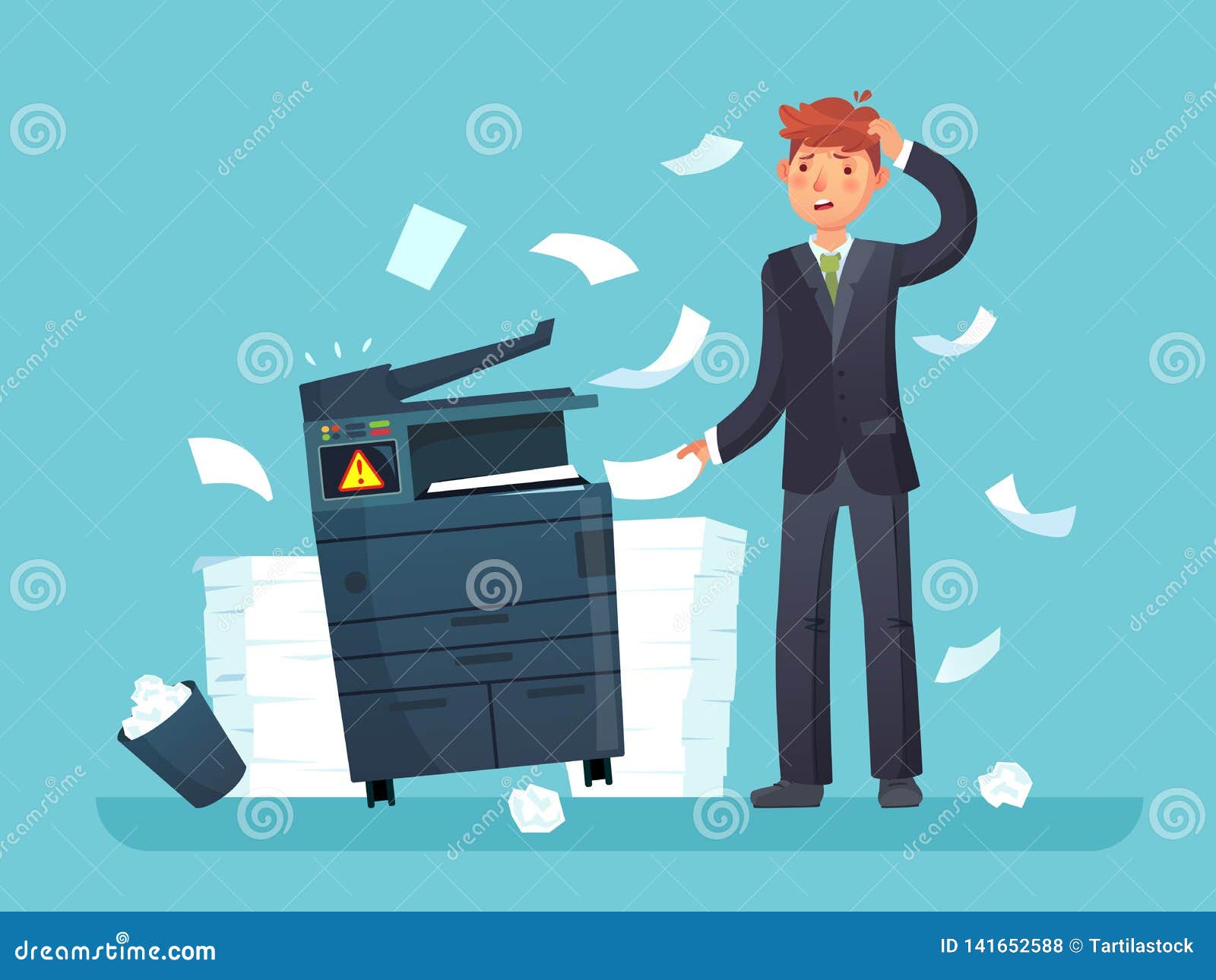 printer broken. confused business worker broke copier, office copy machine and lot of paper documents cartoon 