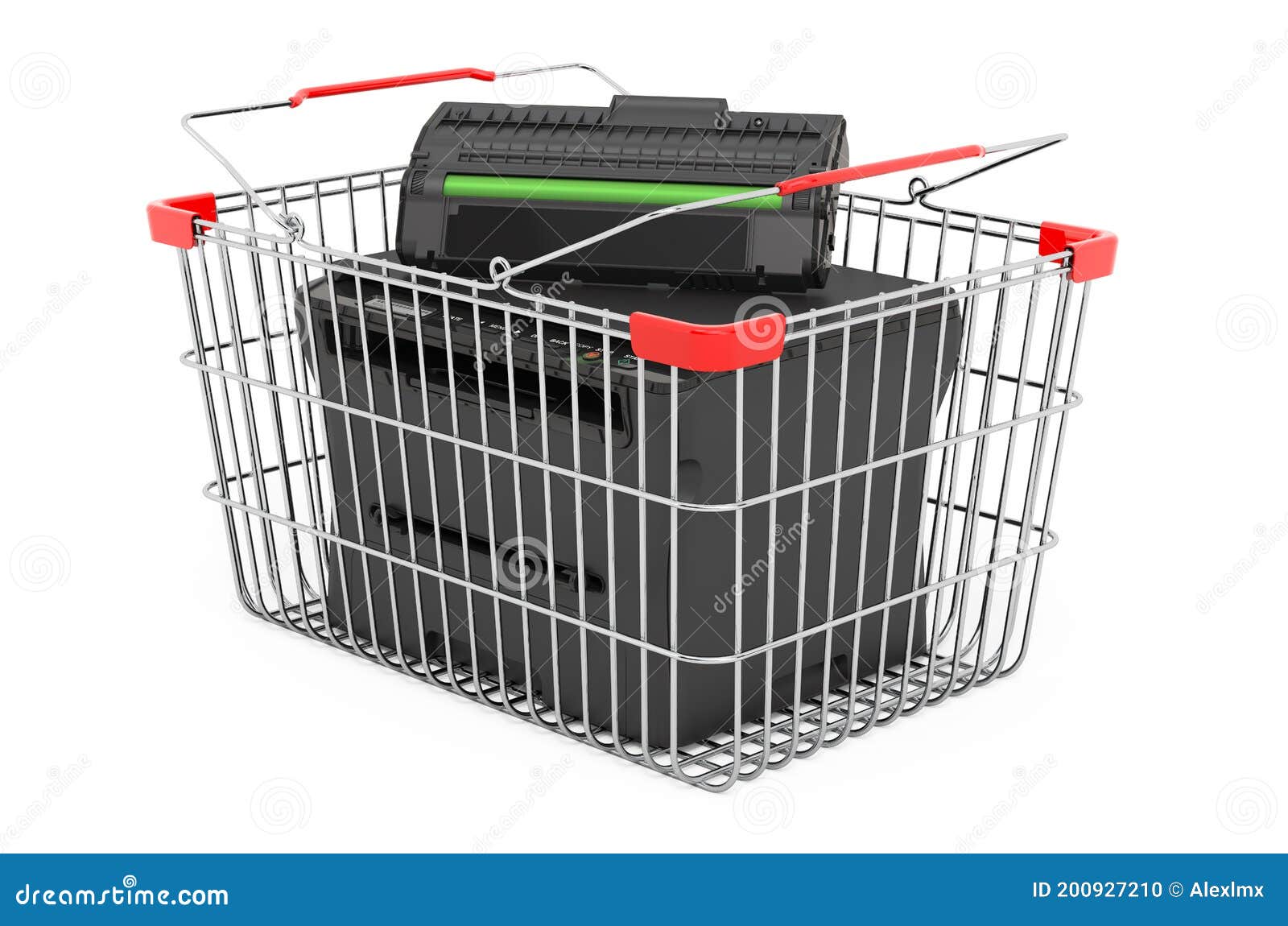 printer laser mfp inside shopping basket, 3d rendering