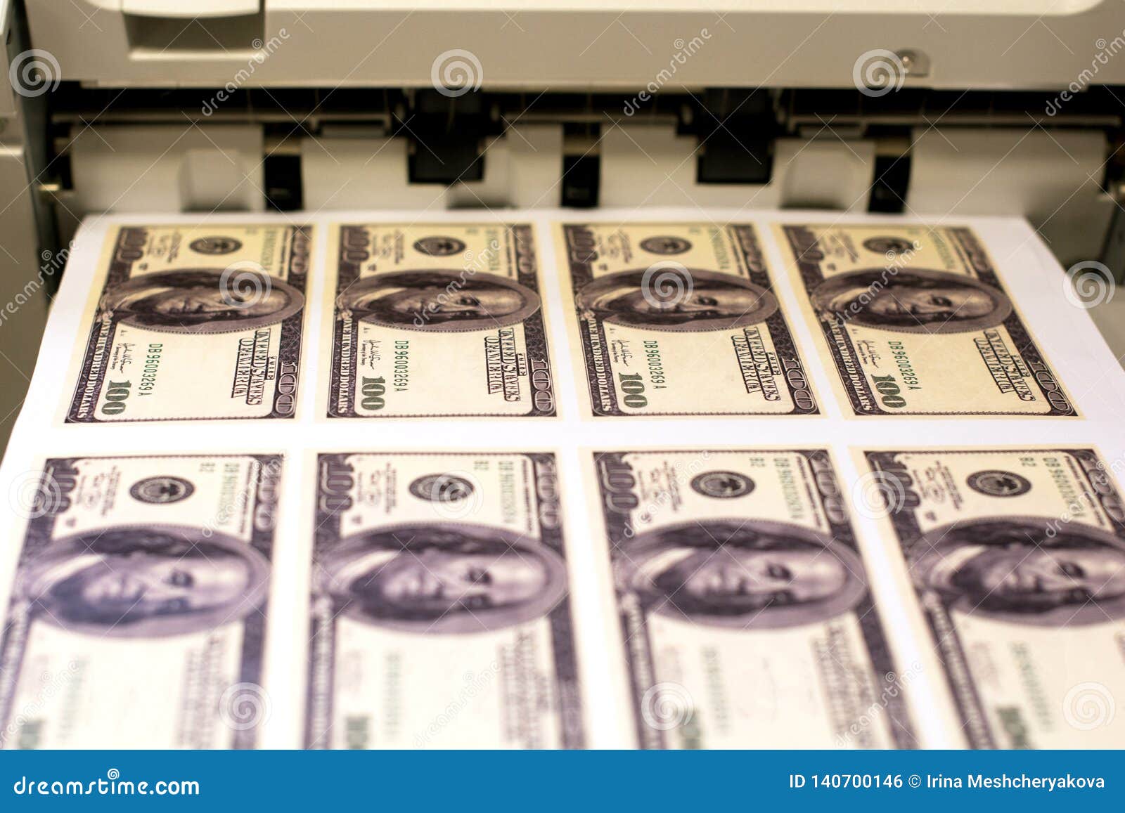 Printer Printing Fake Dollar Bills Isolated on White Stock Photo
