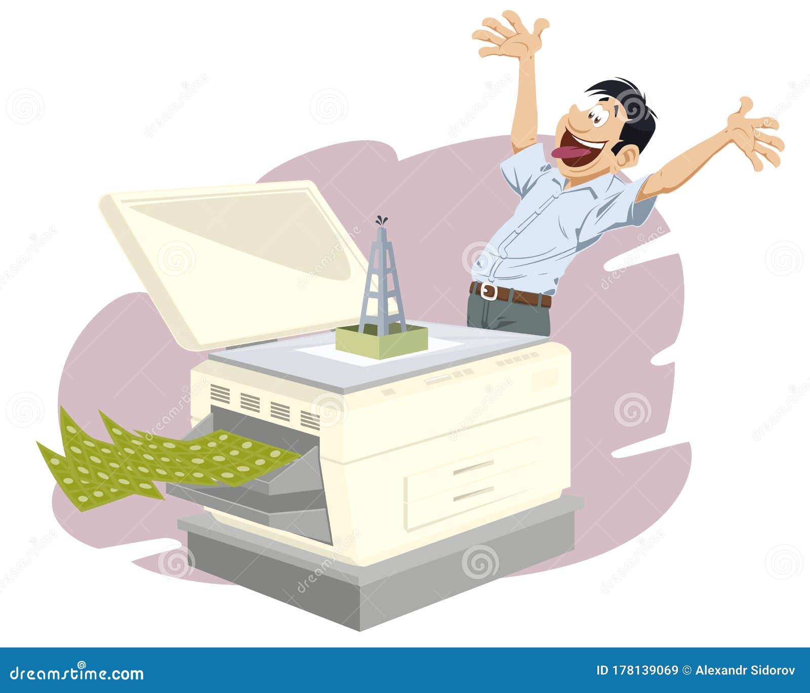 Printer Prints Money. Happy Guy Stock Vector Illustration of employee