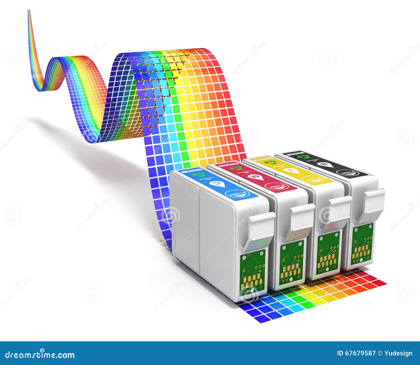 Printing Concept with CMYK Set of Cartridges for Ink Jet Printer Stock