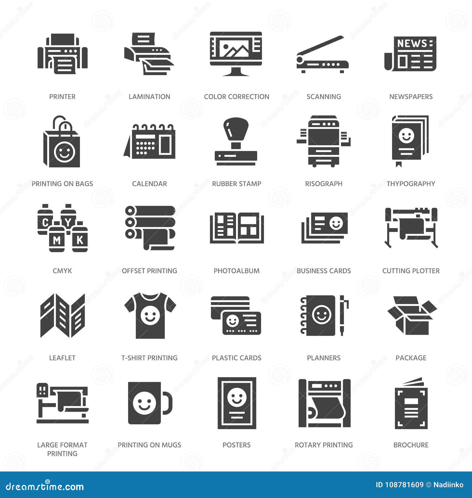 printing house flat glyph icons. print shop equipment - printer, scanner, offset machine, plotter, brochure, rubber