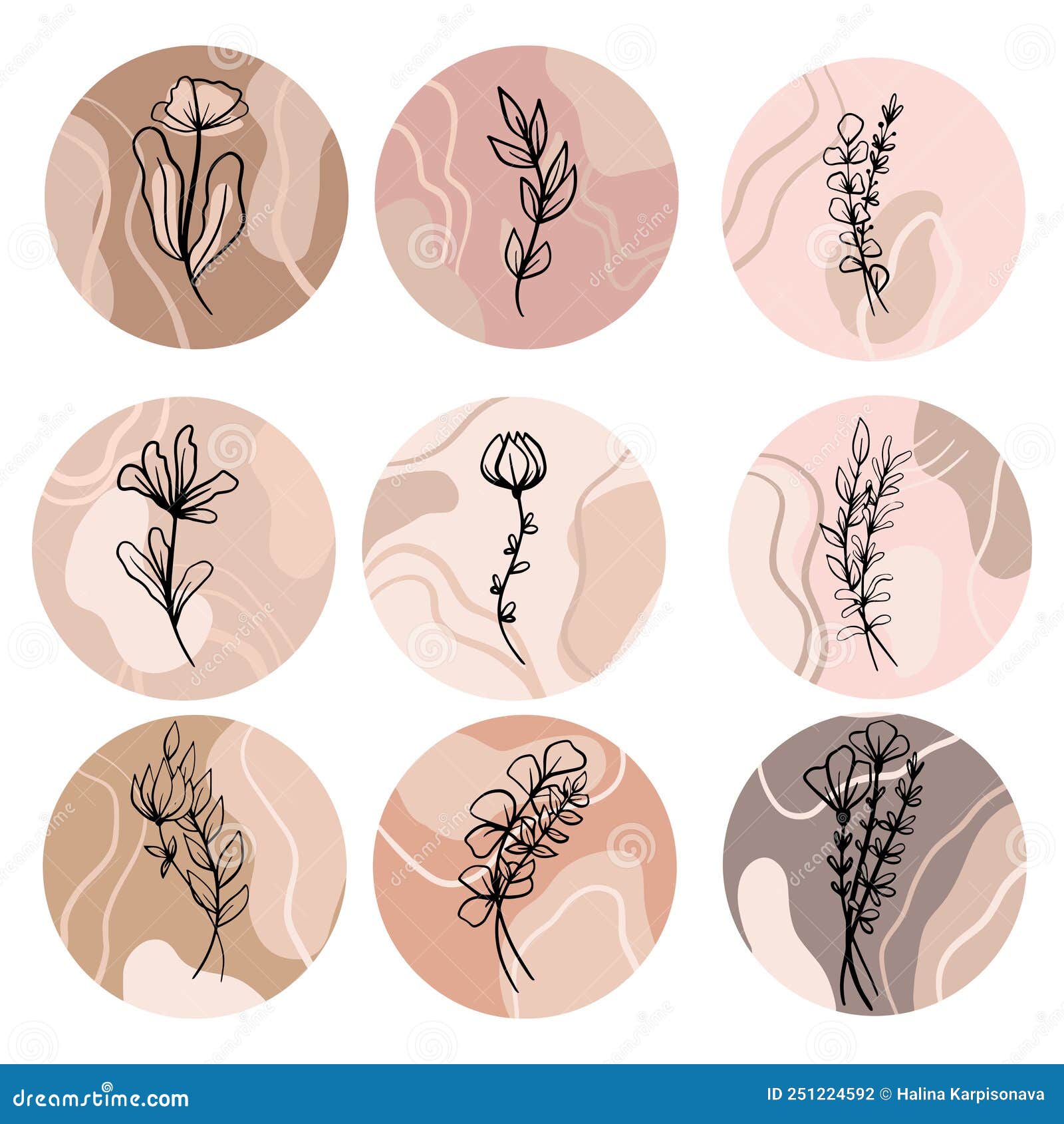 printset of hand drawn doodle  leaves and branches on trendy abstract backgrounds . collection of tree floral