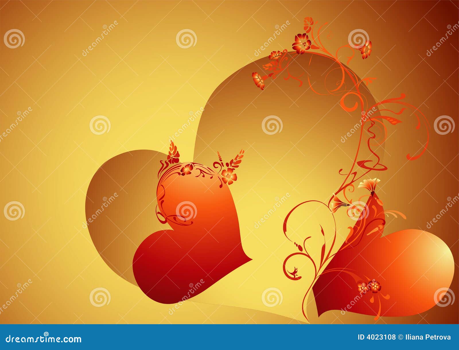 Priorità bassa del biglietto di S. Valentino dell'oro. Illustrazione di giorno del biglietto di S. Valentino dell'oro con gli elementi ed i cuori decorativi.