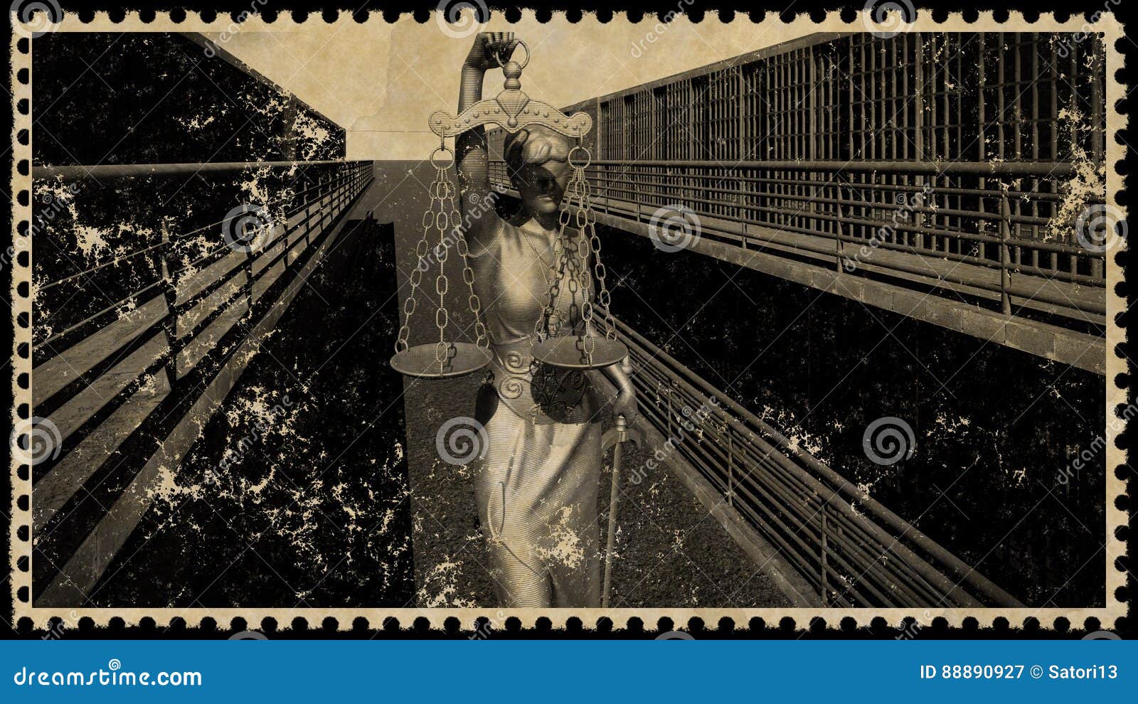 Prison Bars and a Hallway Postage Stamp 3d Rendering Stock Illustration