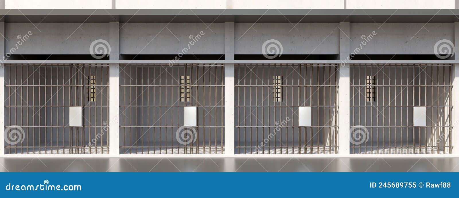 prison cellblock, jail bar door locked, empty dungeon in a row, front view. jailhouse. 3d render