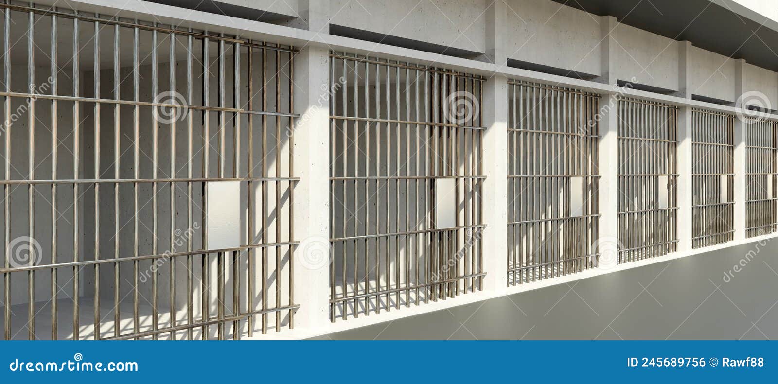 prison cellblock, jail bar door locked, empty dungeon in a row. jailhouse. 3d render