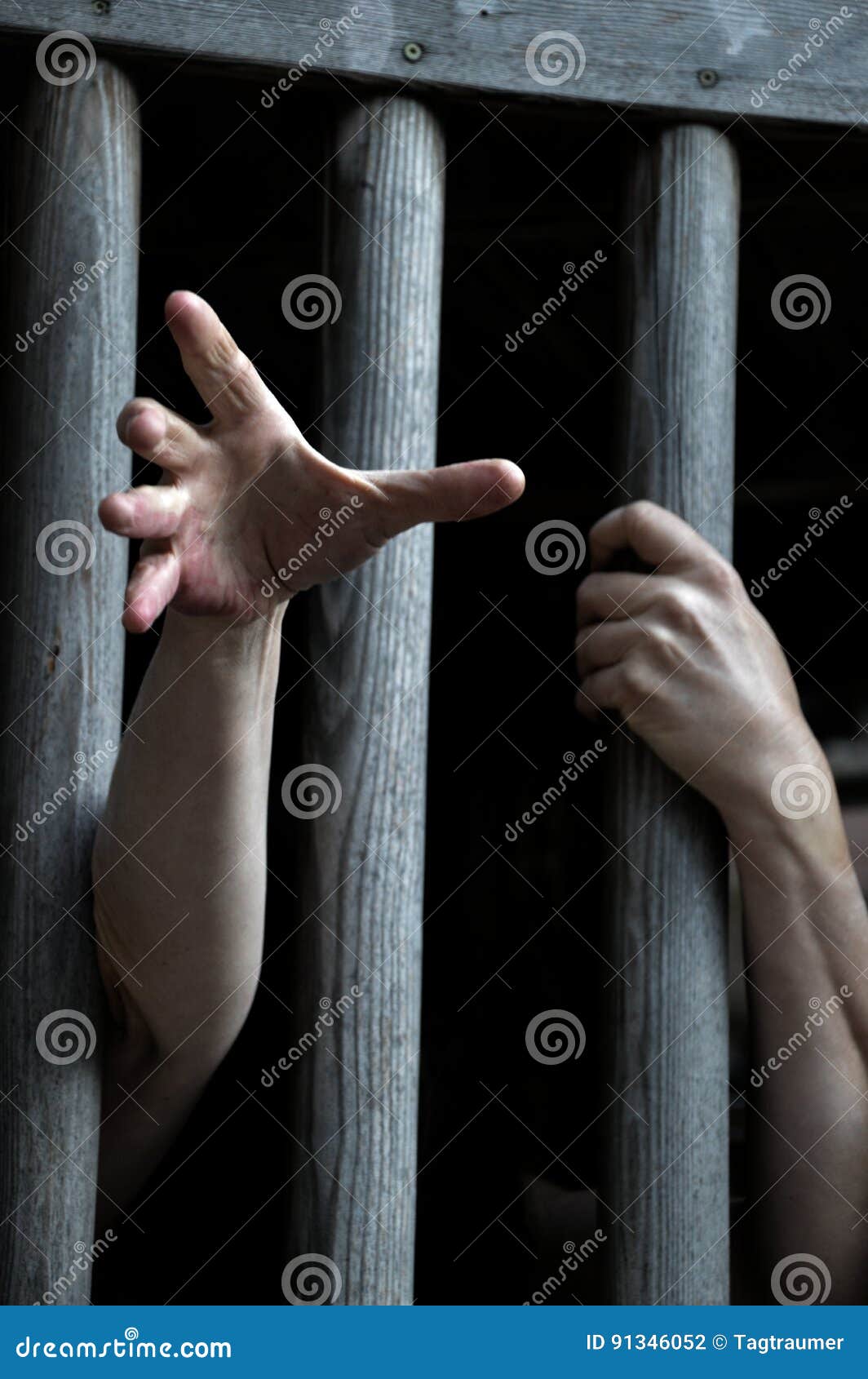 Prisoner Behind Wooden Bars Begging For Help Stock Photo Image Of