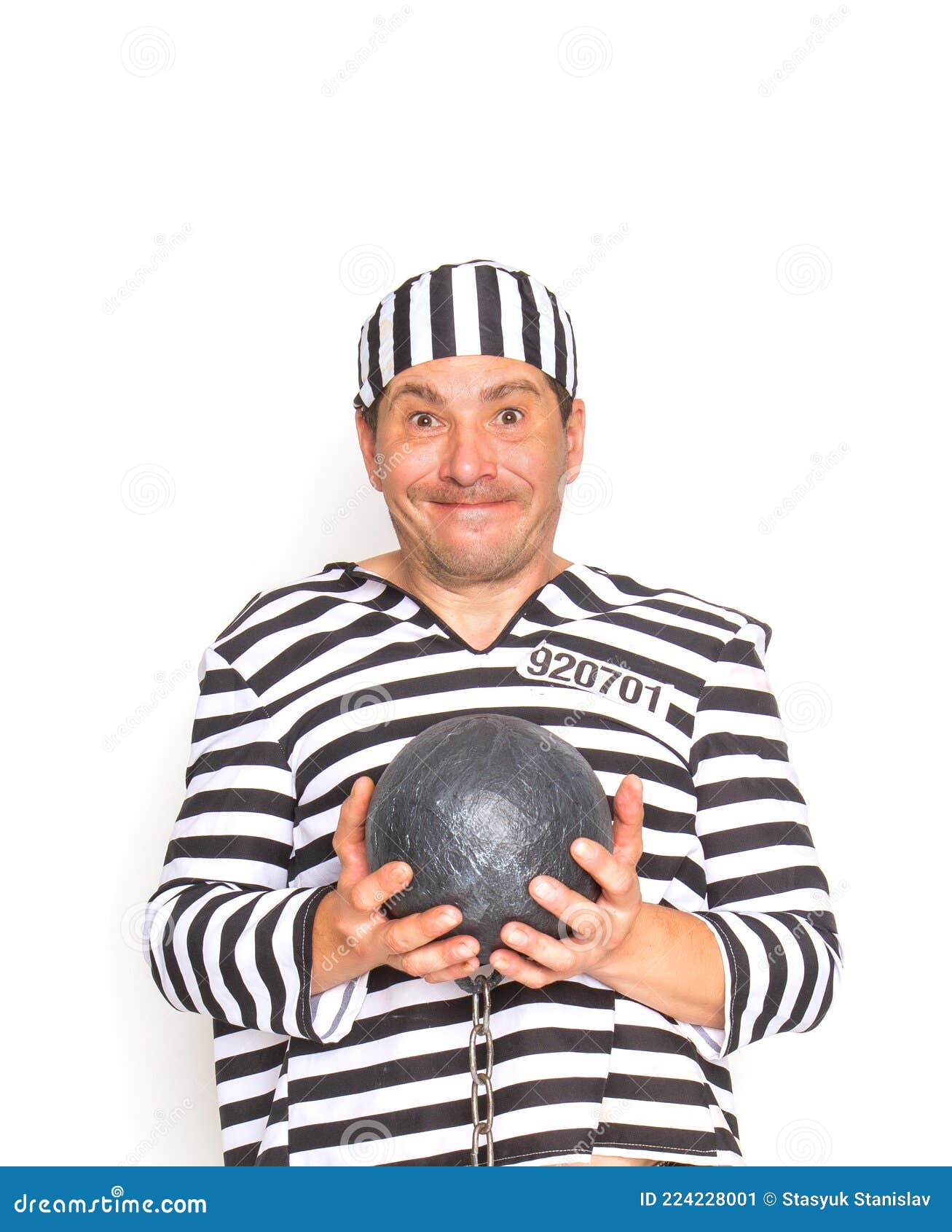 Prisoner in Striped Jacket and Cap Chained with an Iron Core with