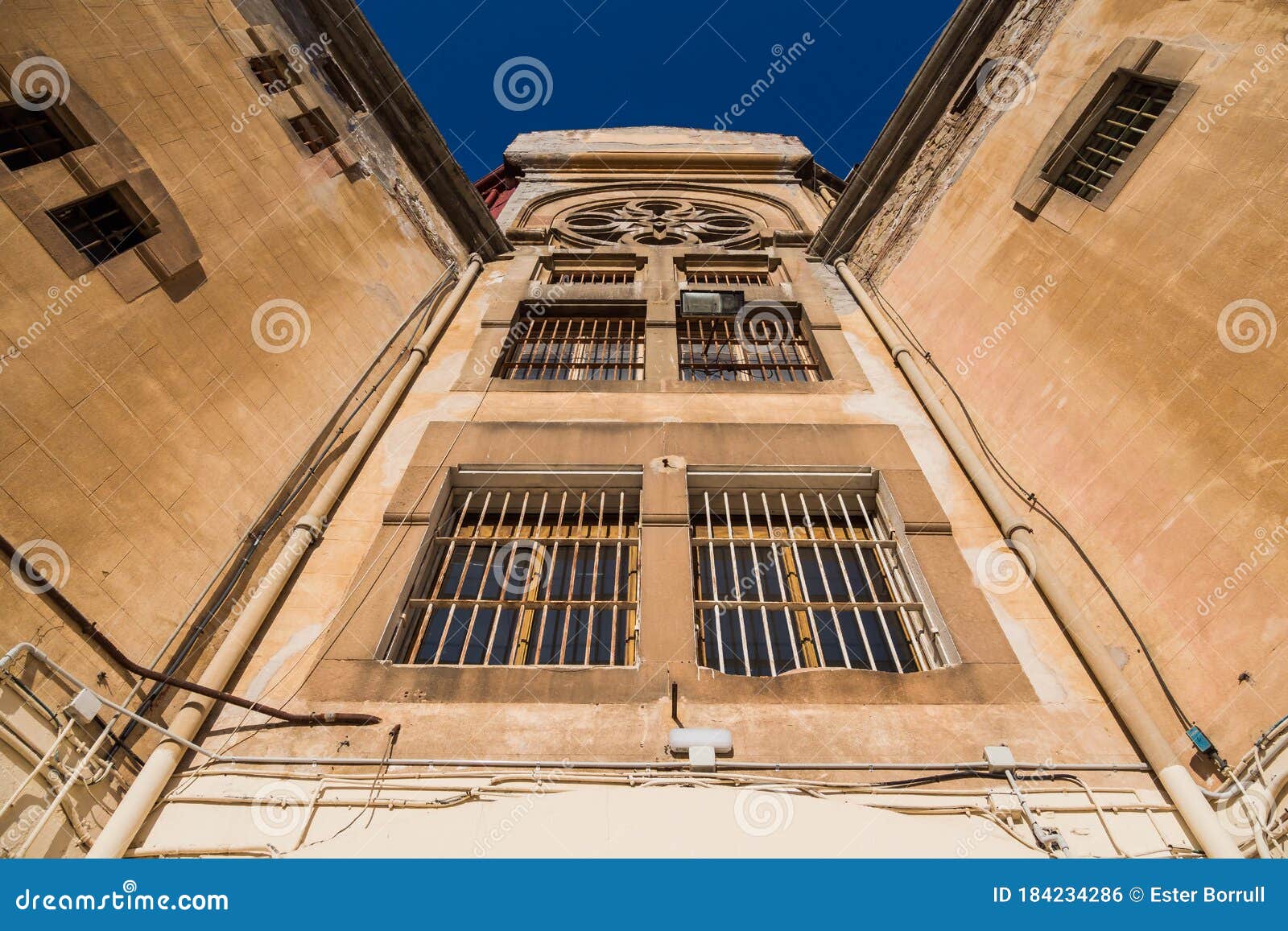 prisoners` courtyard in barcelona`s la modelo prison
