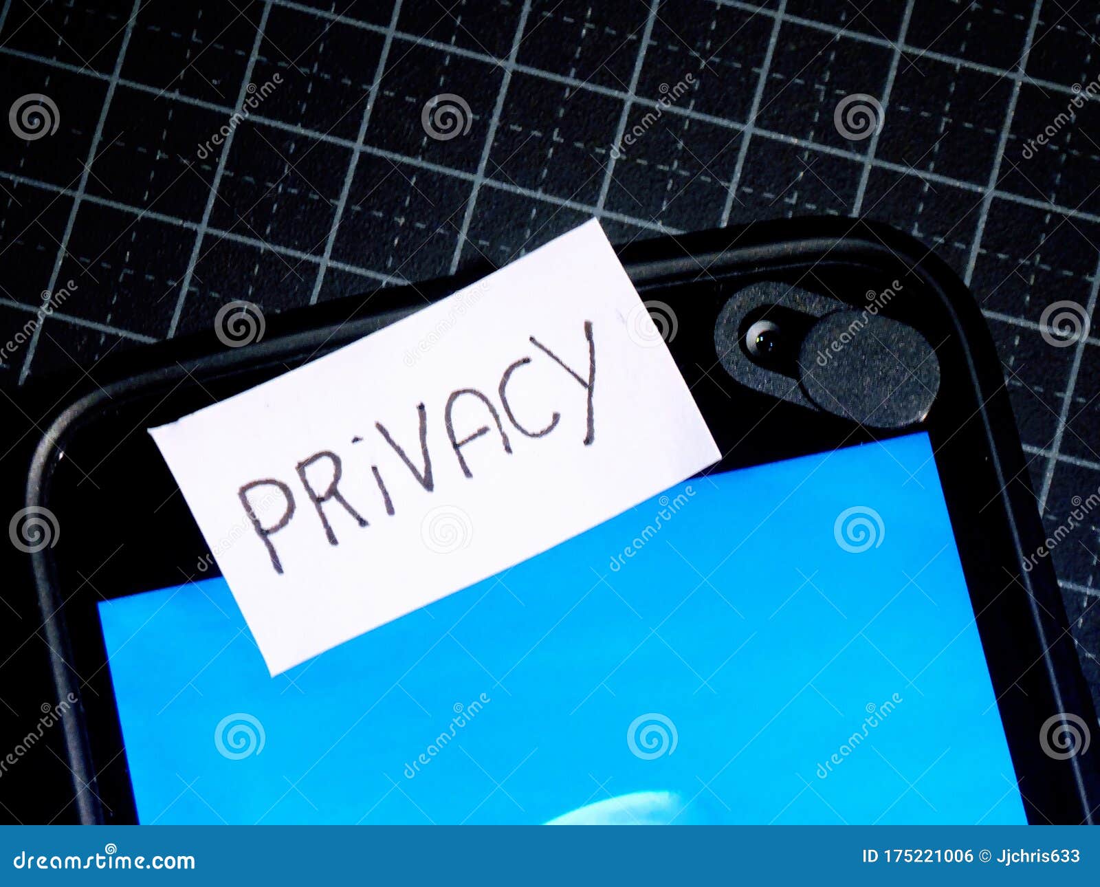 Privacy Text on Mobile Phone on Black Background. Camera Blocking and