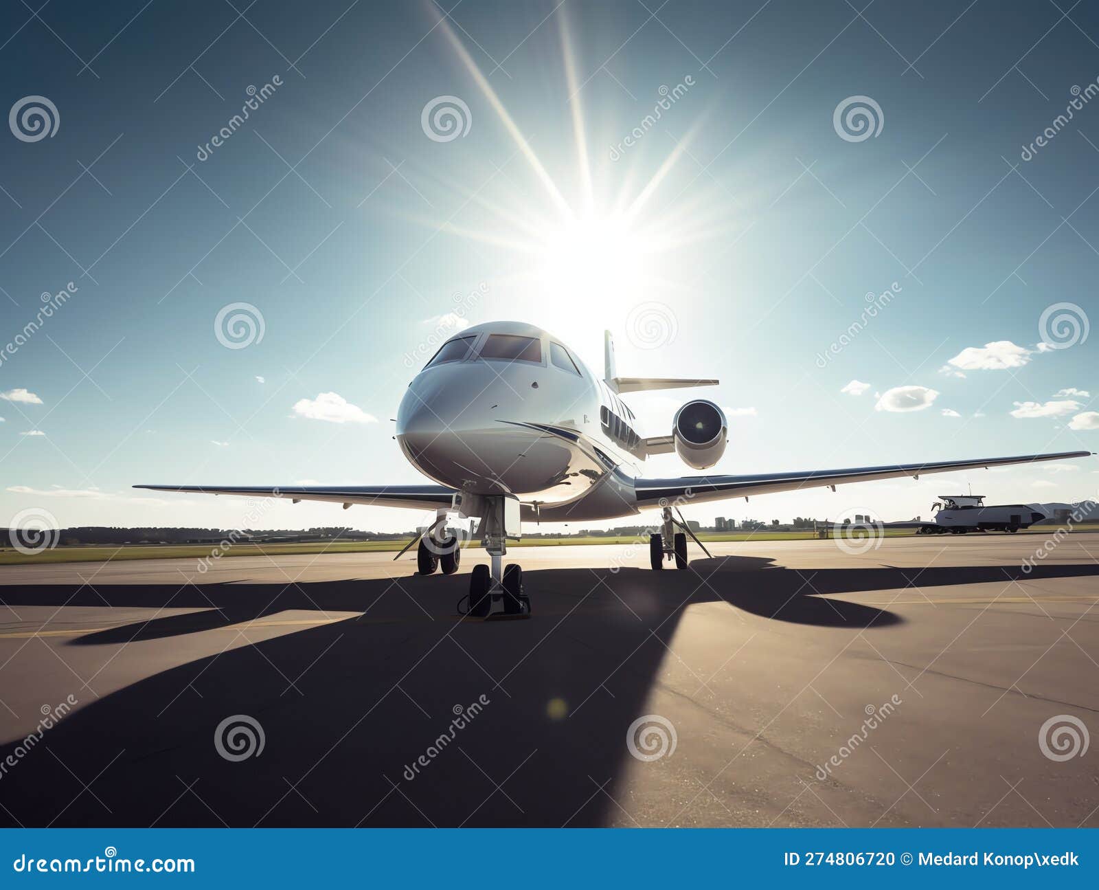 Private Jet on the Runway in the Rays of the Setting Sun. Made with