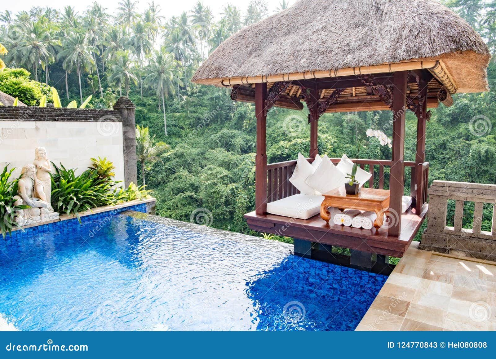 private pool in balinese resort with view to jungle viceroy, ubud, bali. hotel on the edge of rainforest in ubud