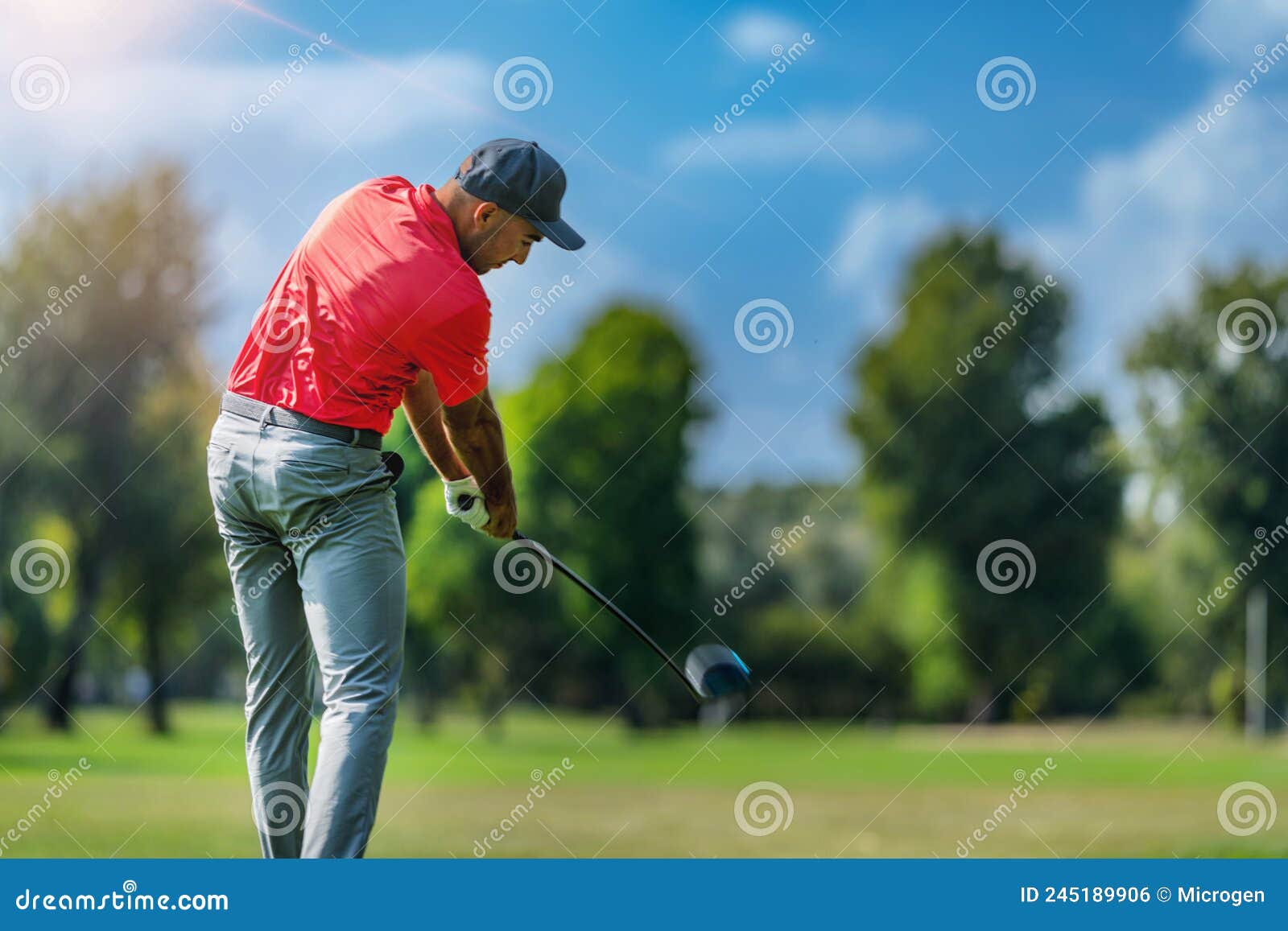 Pro Golfer in a Golf Swing, Using a Driver Golf Club, Rear View Stock