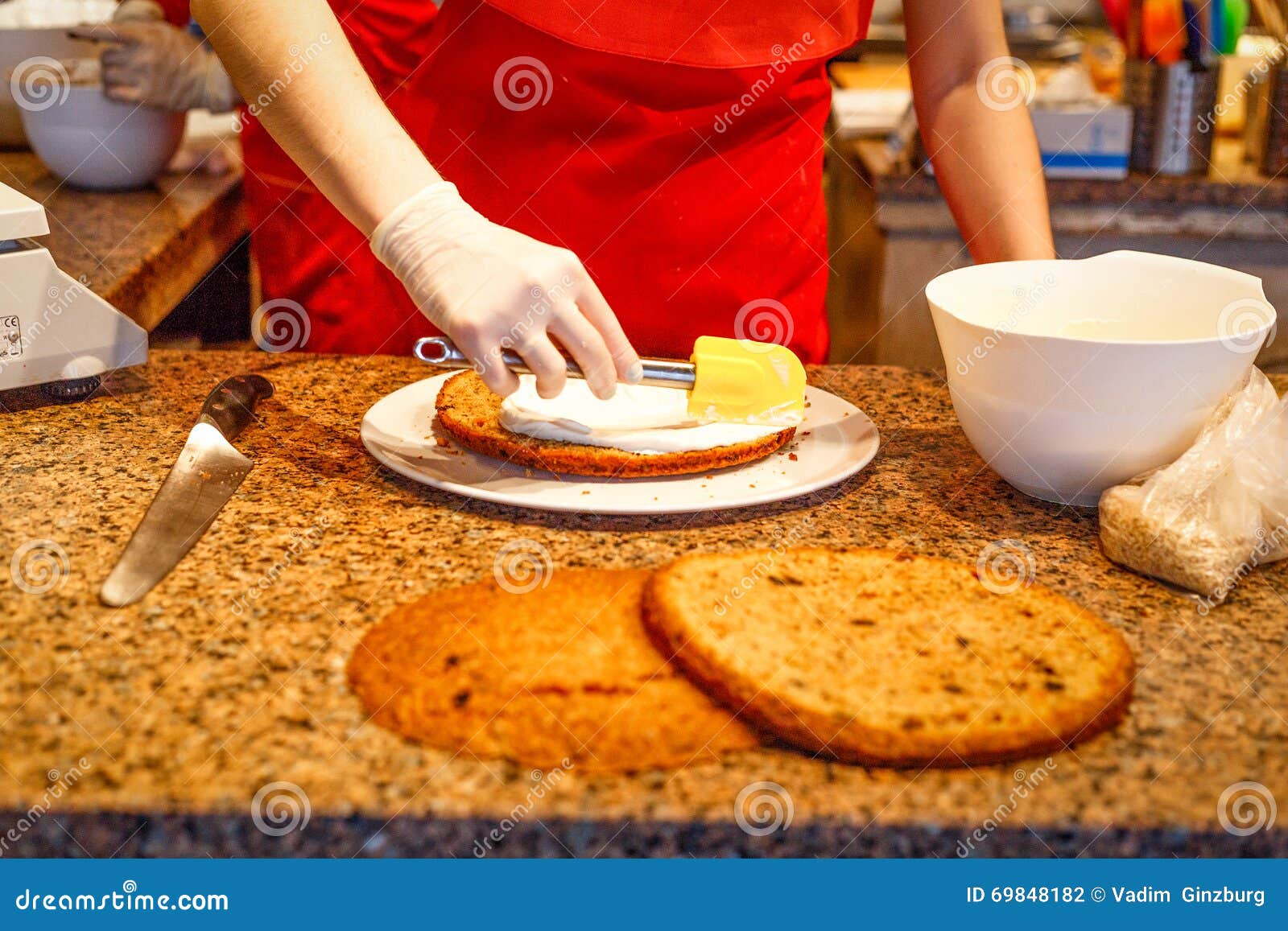 Process of Cooking Homemade Sponge Cake Apply Cream Stock Photo Image