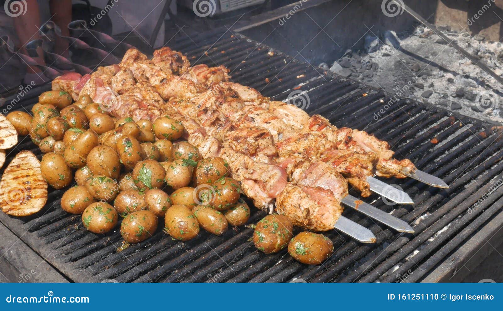 The Process of Cooking Kebabs and Potatoes on the Coals Stock Footage