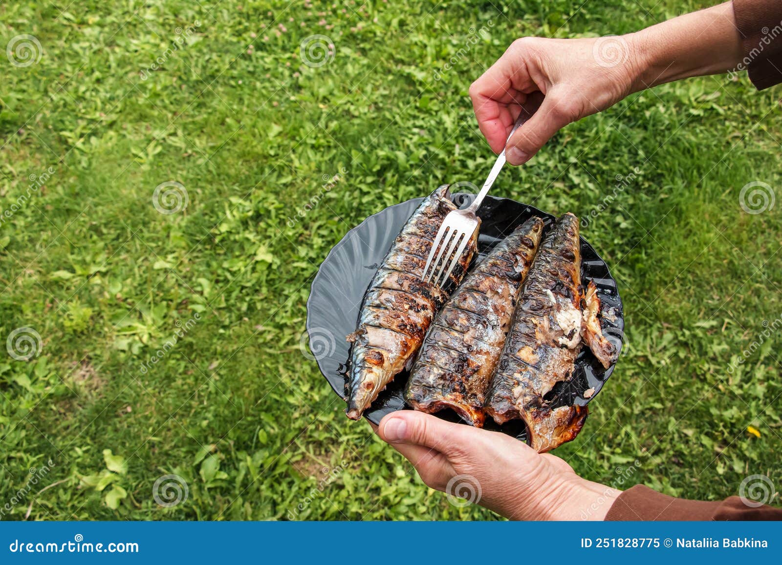 The Process of Cooking Mackerel Fish in a Marinade on the Grill. Fried