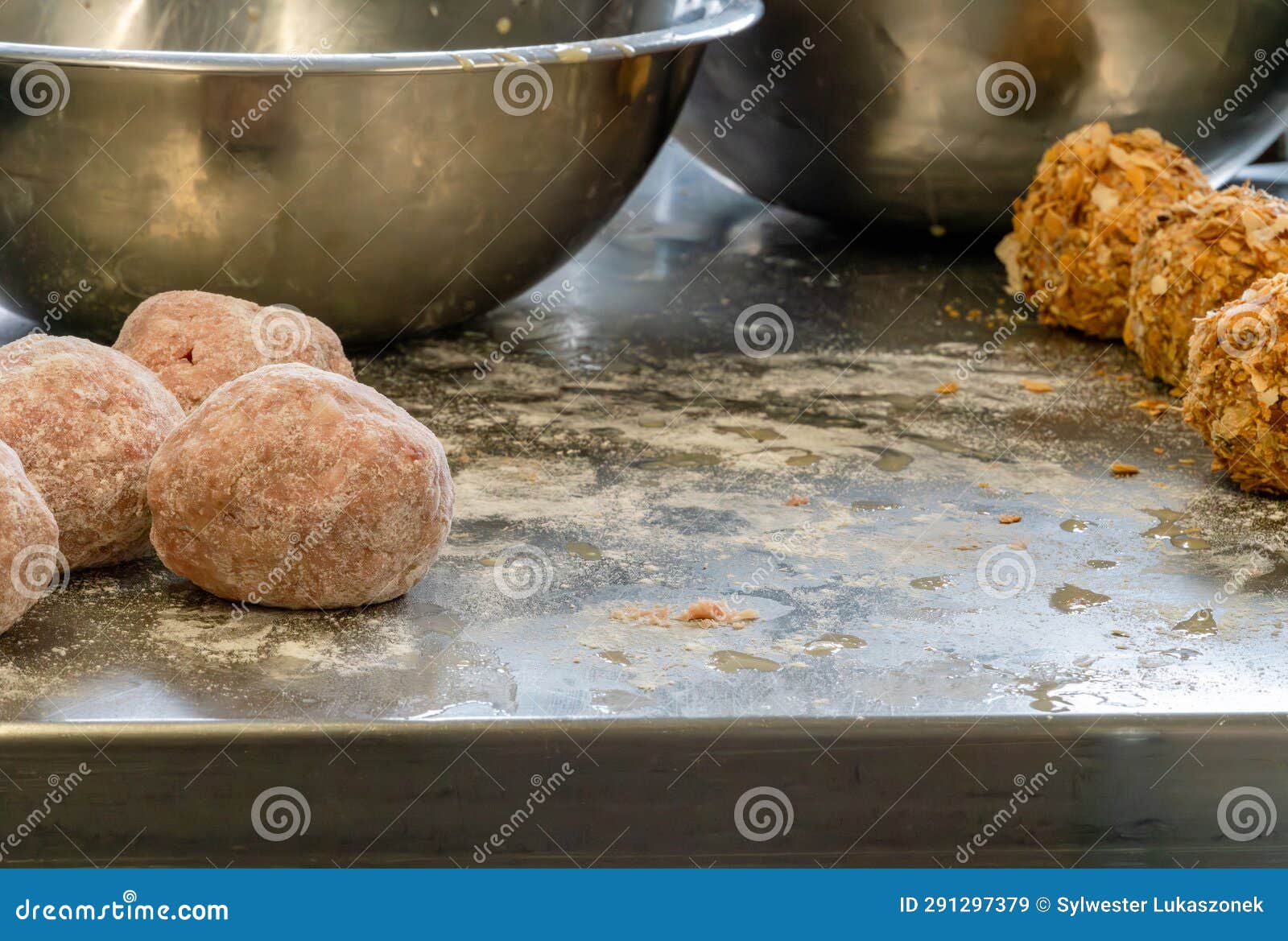 Process of Making Scotch Eggs, Dirty Metal Table from Egg Wash and