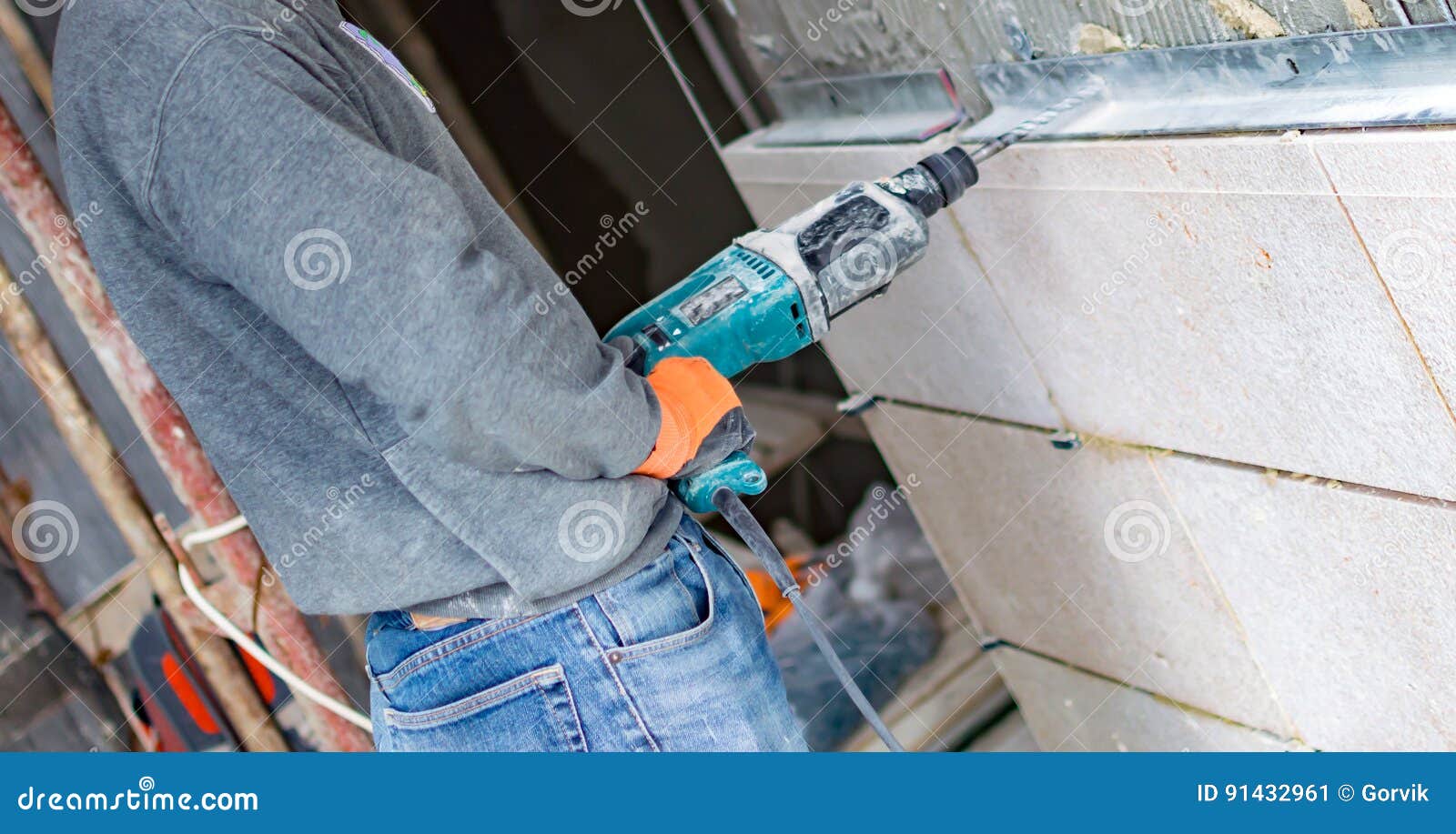 The Process of Drilling Holes in the Concrete Wall Stock Image Image