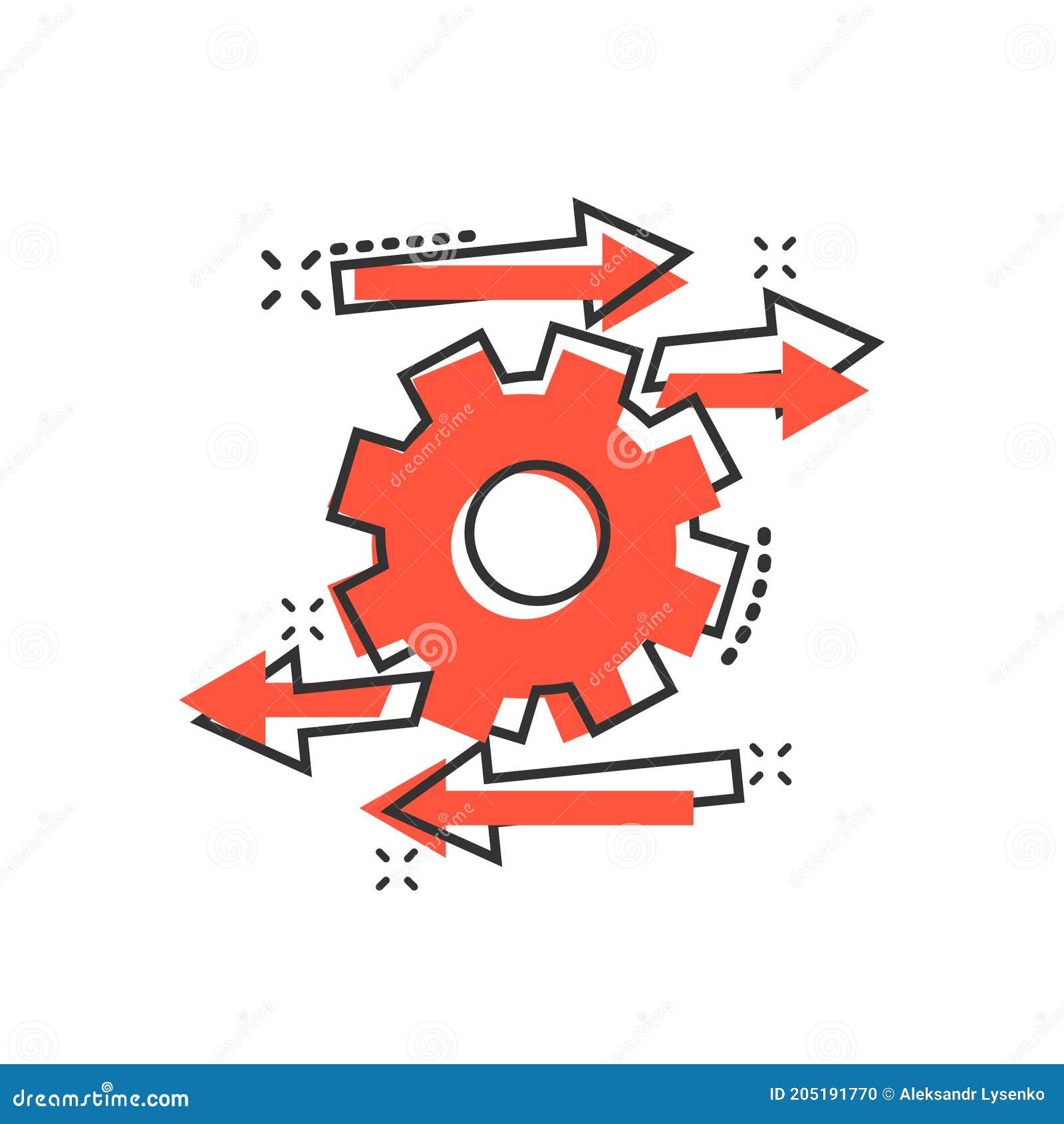 Process Icon in Comic Style. Arrow and Gear Cartoon Vector Illustration