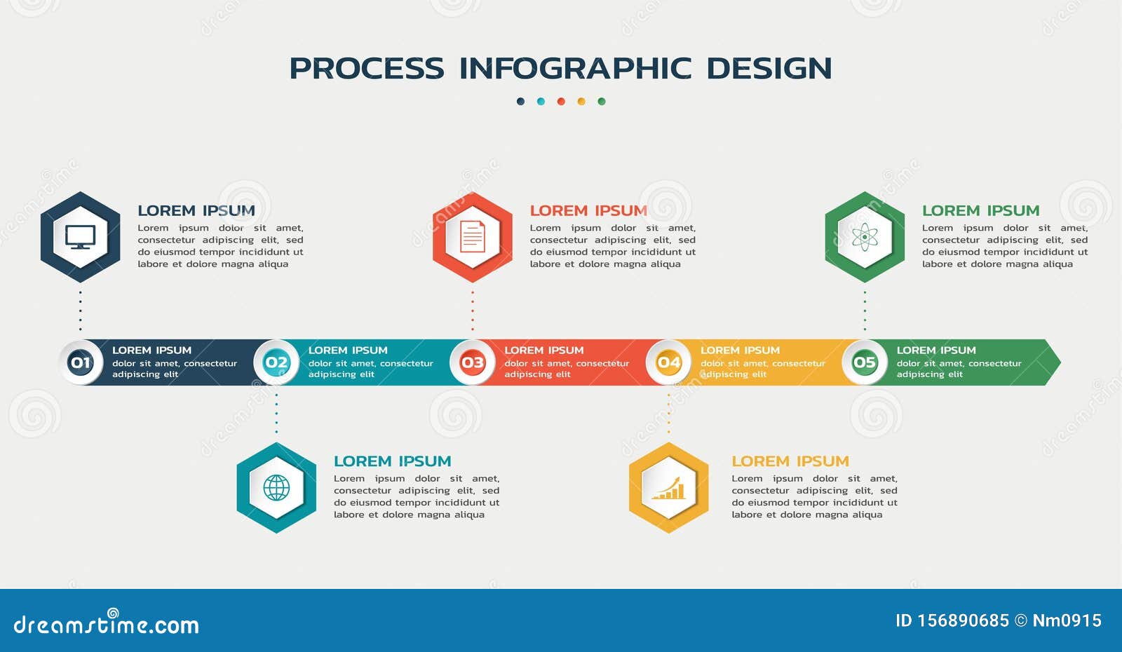 Process infographic template. five steps flowchart with hexagons with icons and text