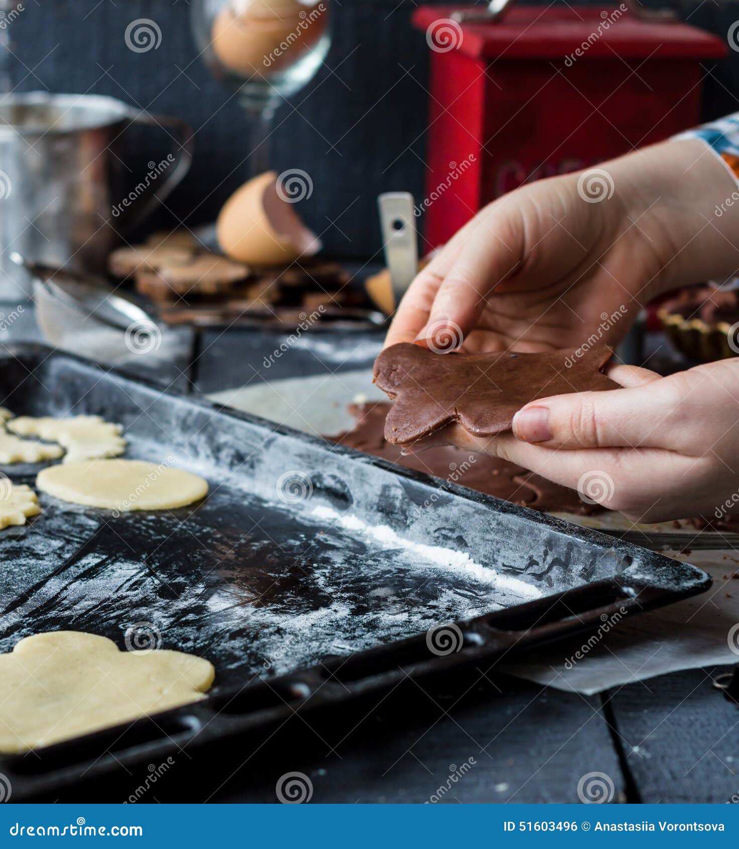 The Process of Making Biscuits, Shortbread Dough Raw, Cut Shape Stock