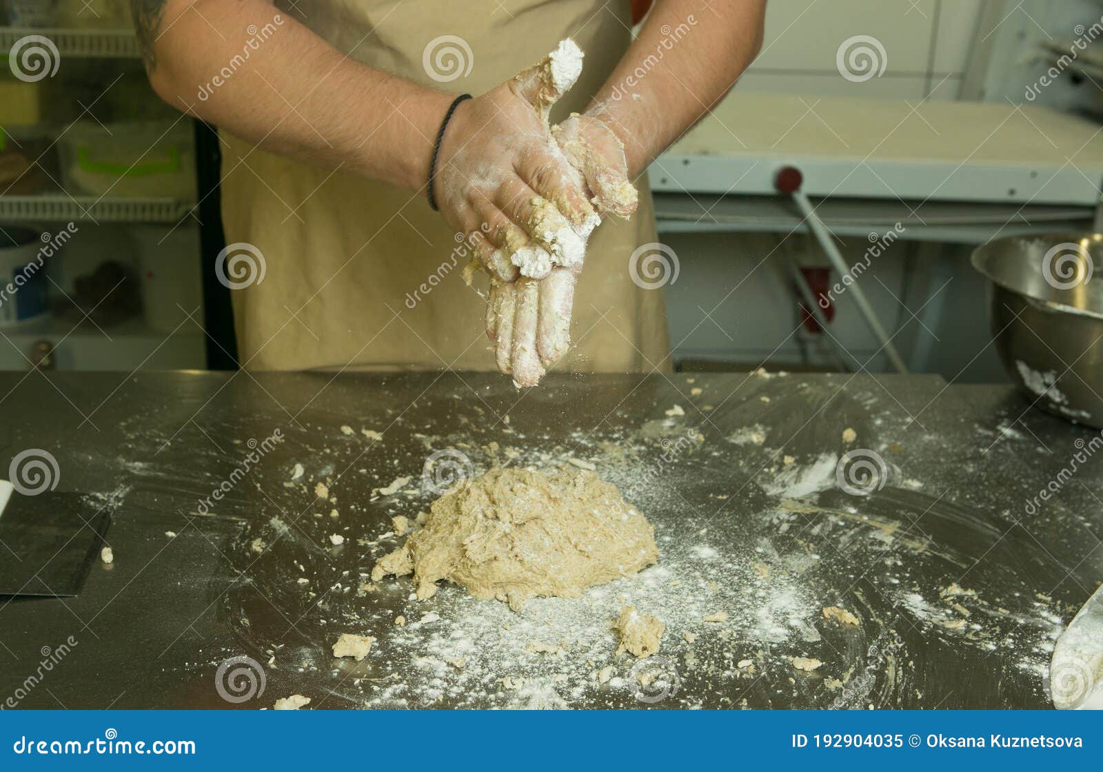 The Process of Making Bread. the Chef Kneads the Dough by Hand Stock