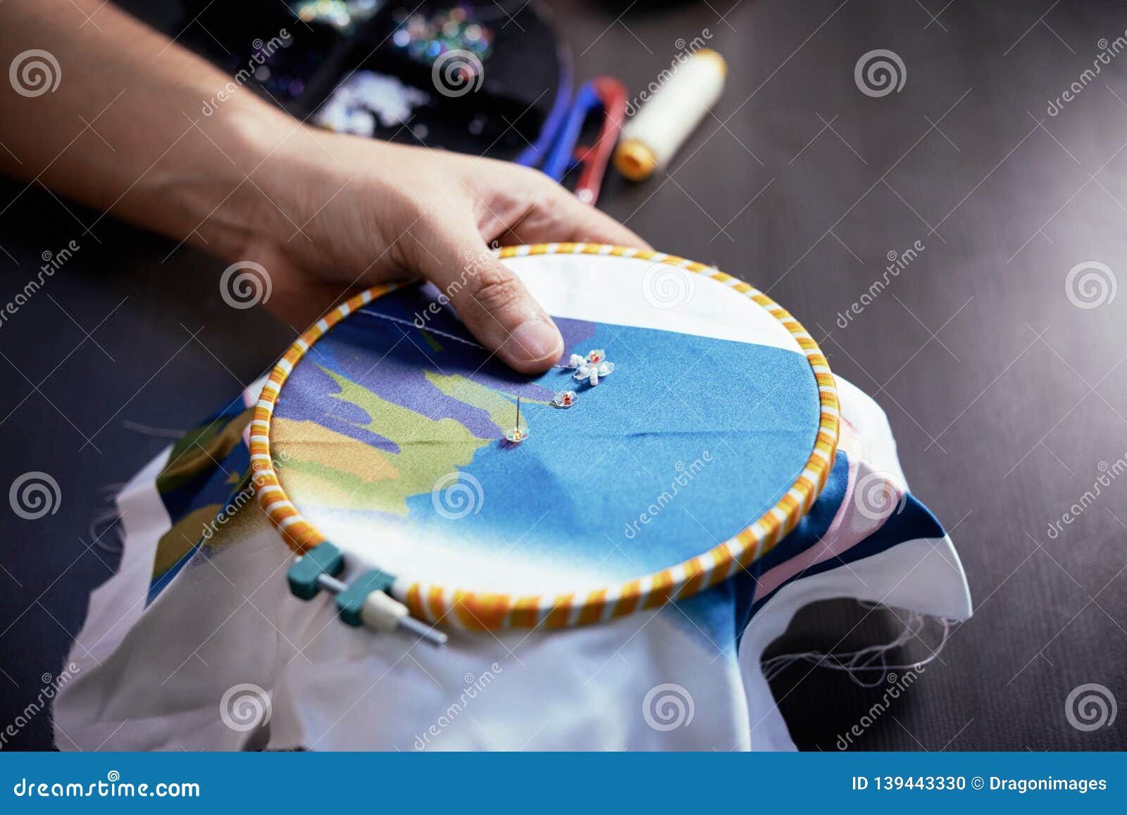 Embroidery process stock photo. Image of hands, clothes 139443330