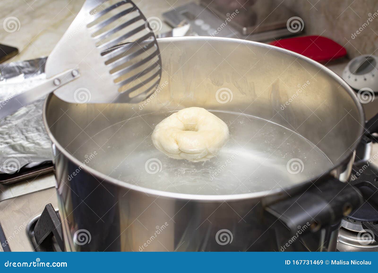 Process Of Making Homemade Bagels Boing Them In The Pan Stock Image Process Of Making Homemade Bagels Boing Them In The Pan Stock Image