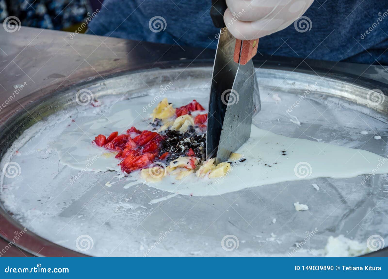 The Process of Making Ice Cream on a Street Ice Cream Maker. Instant Ice  Cream Preparation with a Spatula. Stock Photo - Image of chef, preparing:  149039890