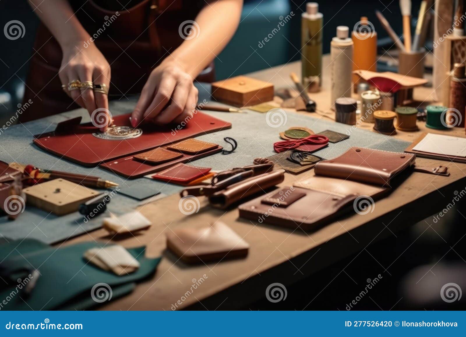 The Process of Making Leather Goods. the Hands of the Master Work with