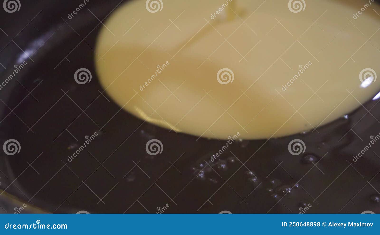 The Process of Making Pancakes from Liquid Dough. Black Pan Greased